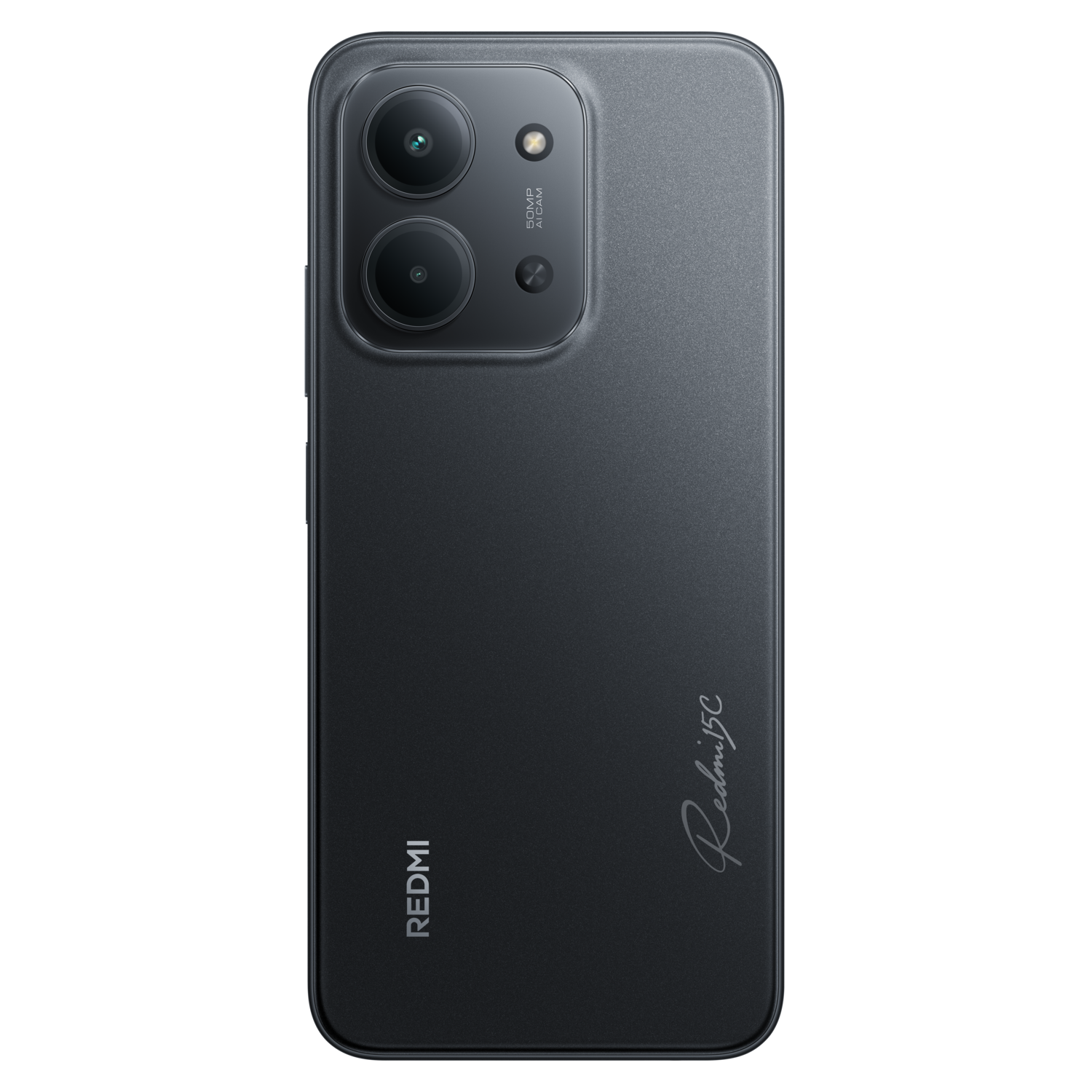 Een donkergrijze Redmi 13C-smartphone wordt getoond op een zwarte achtergrond. Het heeft twee camera's, het Redmi-logo en de Redmi 13C-handtekening.