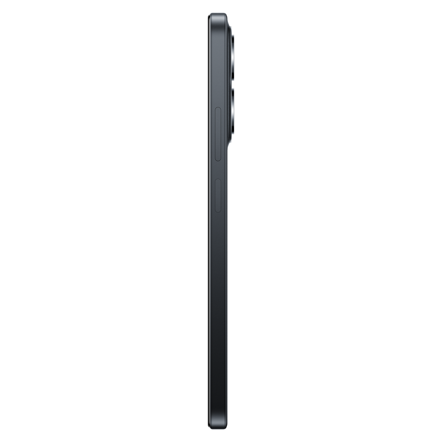 Een zwarte smartphone in profiel. De zijkant toont knoppen, cameralenzen en een strak design tegen een zwarte achtergrond.