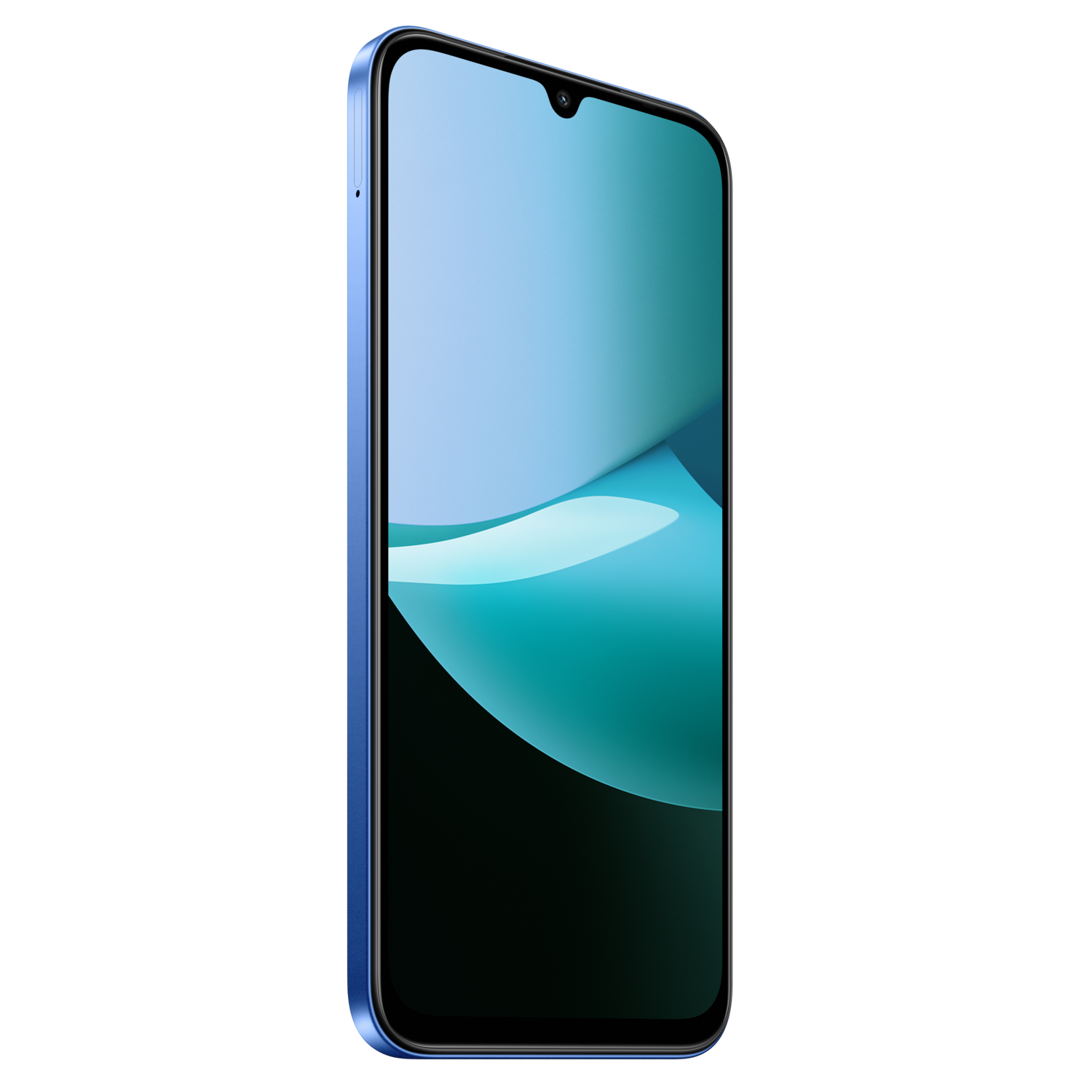 A blue smartphone with a screen displaying a teal design against a black background, angled to the right.