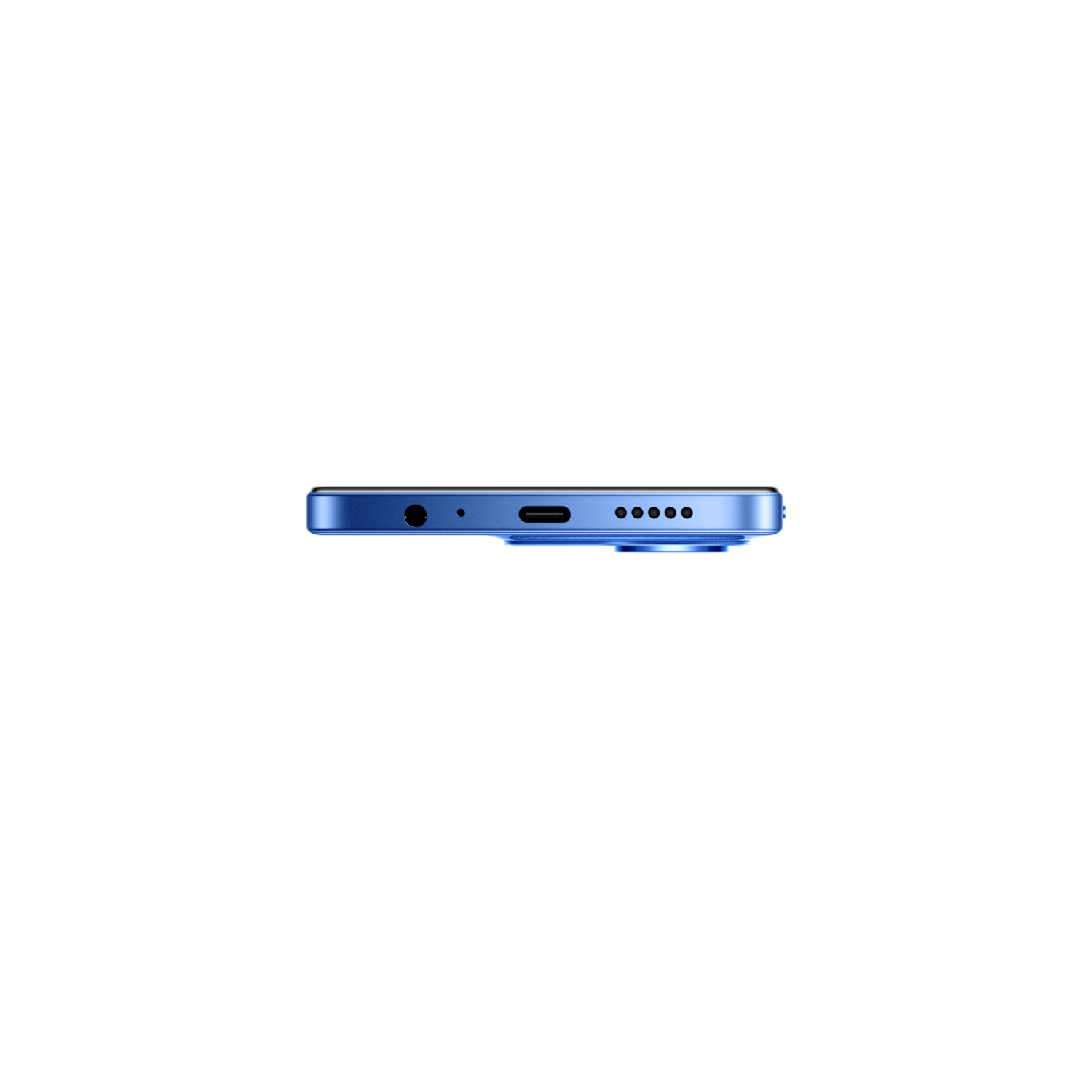 Blue smartphone side view. Features: headphone jack, USB-C port, speaker holes, and a camera lens on a black background.