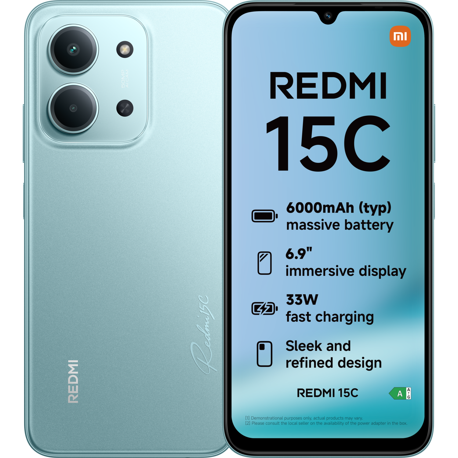 Een lichtgroene Redmi 15C telefoon. Het scherm toont belangrijke functies en de naam van de telefoon. De achterkant heeft camera's en de merknaam.