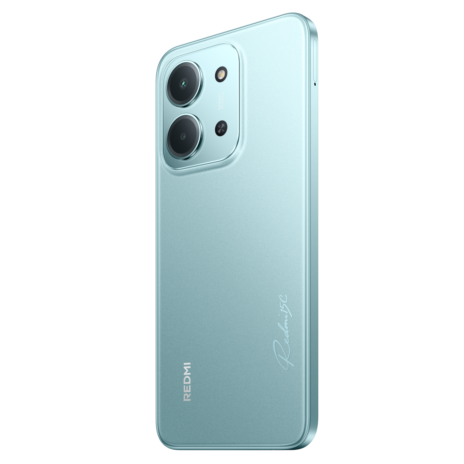 Een turquoise Redmi 5C smartphone. Het heeft twee camera's en een flitser. Het Redmi-logo staat onderaan, de modelnaam aan de zijkant.