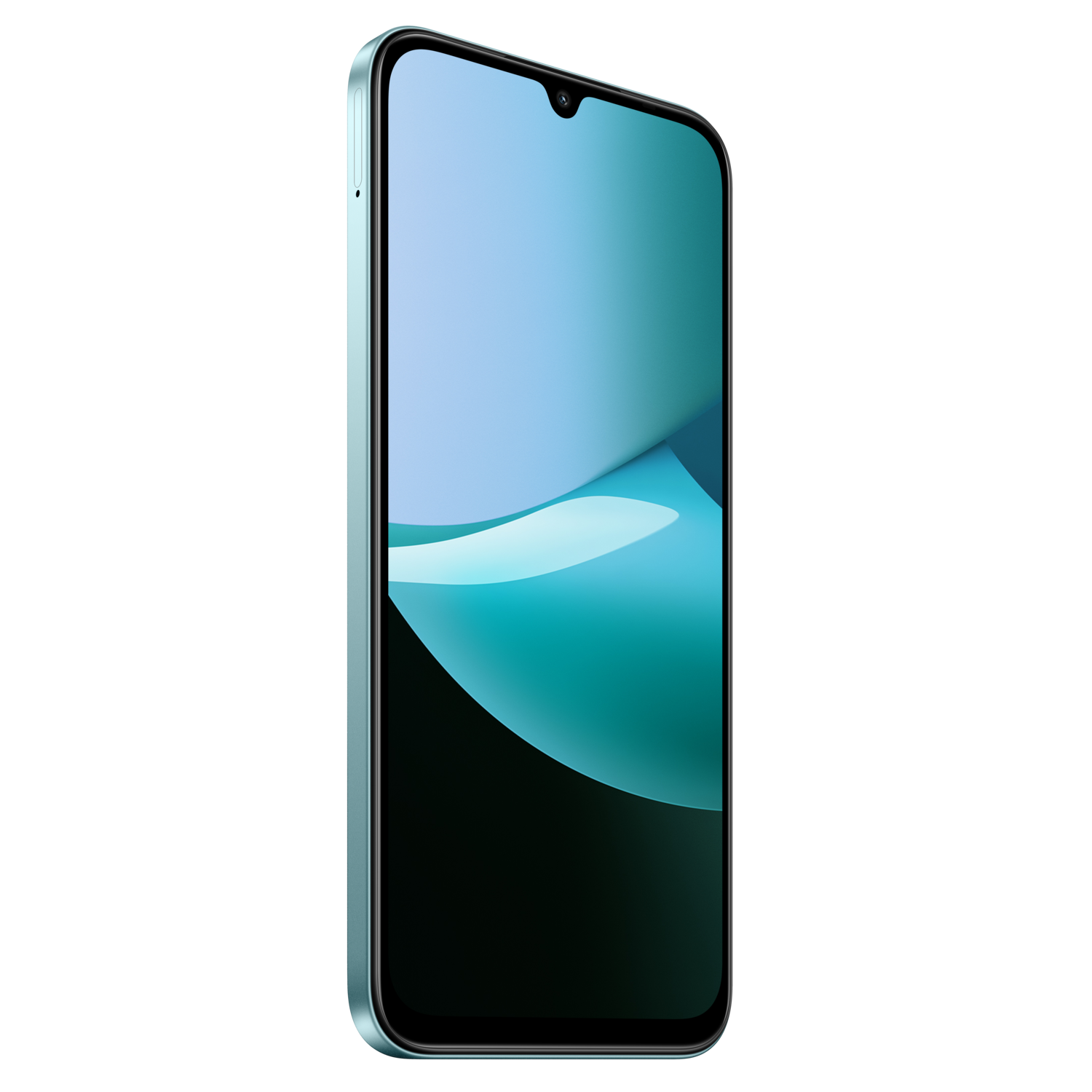 Een turquoise smartphone is naar rechts gekanteld. Het scherm toont blauwe en turquoise abstracte vormen. De achtergrond is volledig zwart.