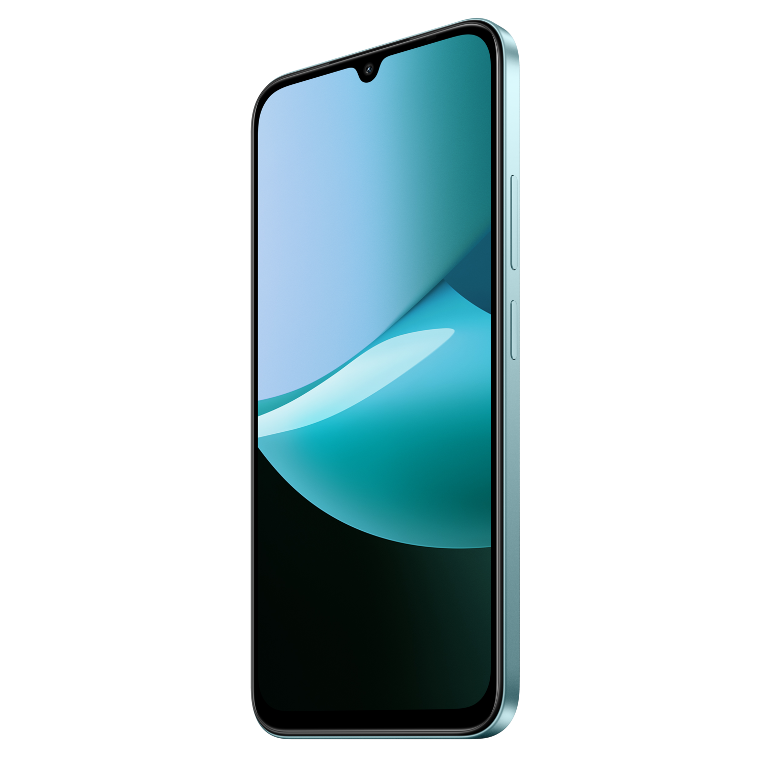 Een smartphone met een teal frame en scherm. Het scherm toont een abstract teal en blauw ontwerp tegen een zwarte achtergrond.