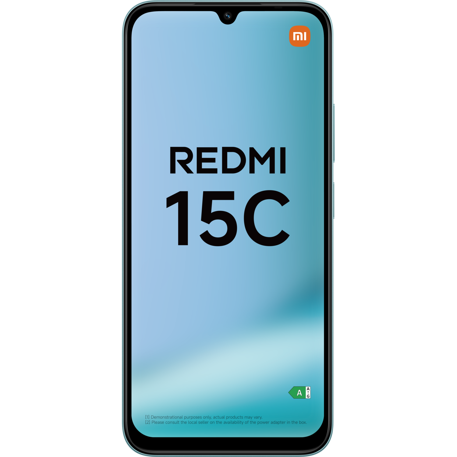 Een smartphonescherm toont 'REDMI 15C' en het Xiaomi-logo. De achtergrond is lichtblauw. De telefoon heeft een zwarte rand.