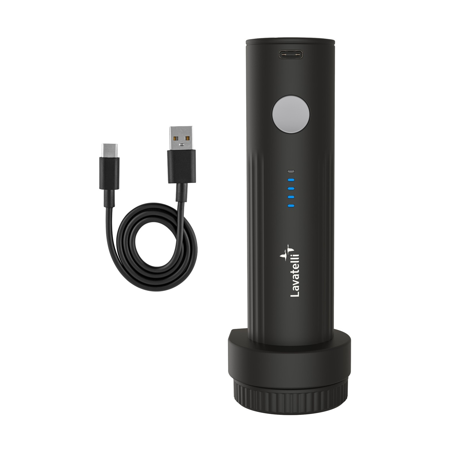 Torcia Lavatelli nera con cavo USB-C. La torcia ha un pulsante, spie luminose e una porta di ricarica.