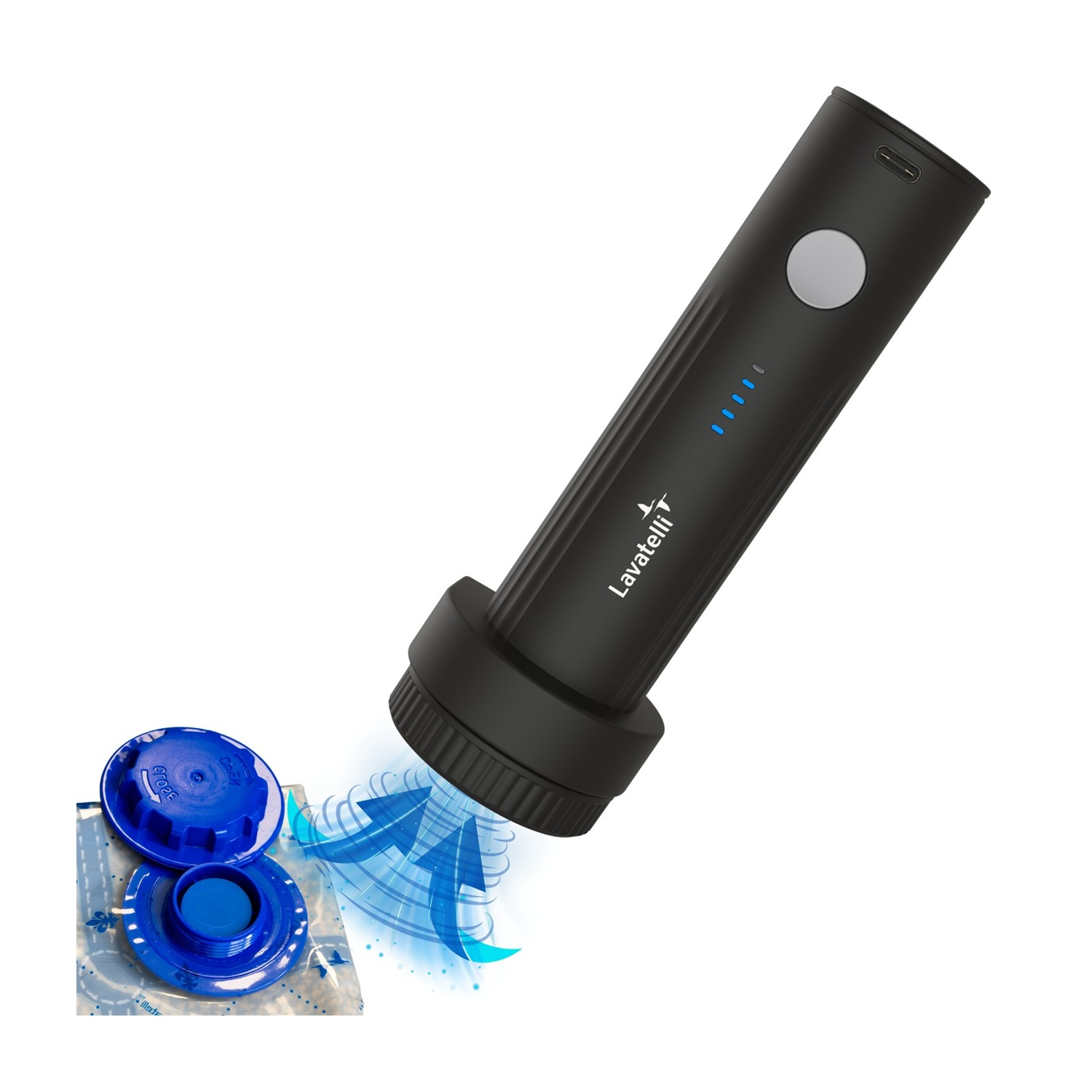 Un dispositivo Lavateli nero è inclinato verso un contenitore con tappo blu. Frecce blu indicano il flusso d'aria. Il dispositivo ha un pulsante di accensione.