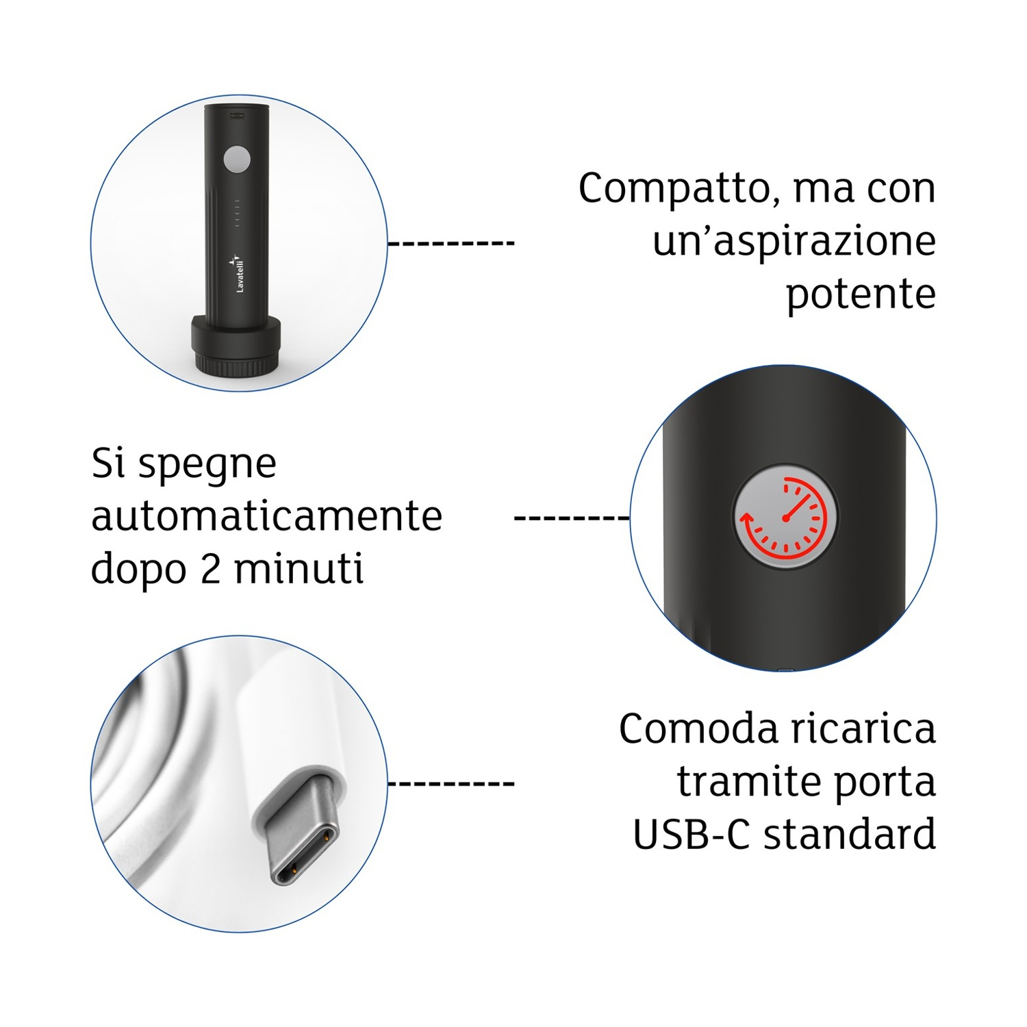 Un dispositivo Lavatell nero con cavo di ricarica e porta USB-C. Il testo menziona design compatto, spegnimento automatico e ricarica USB-C.