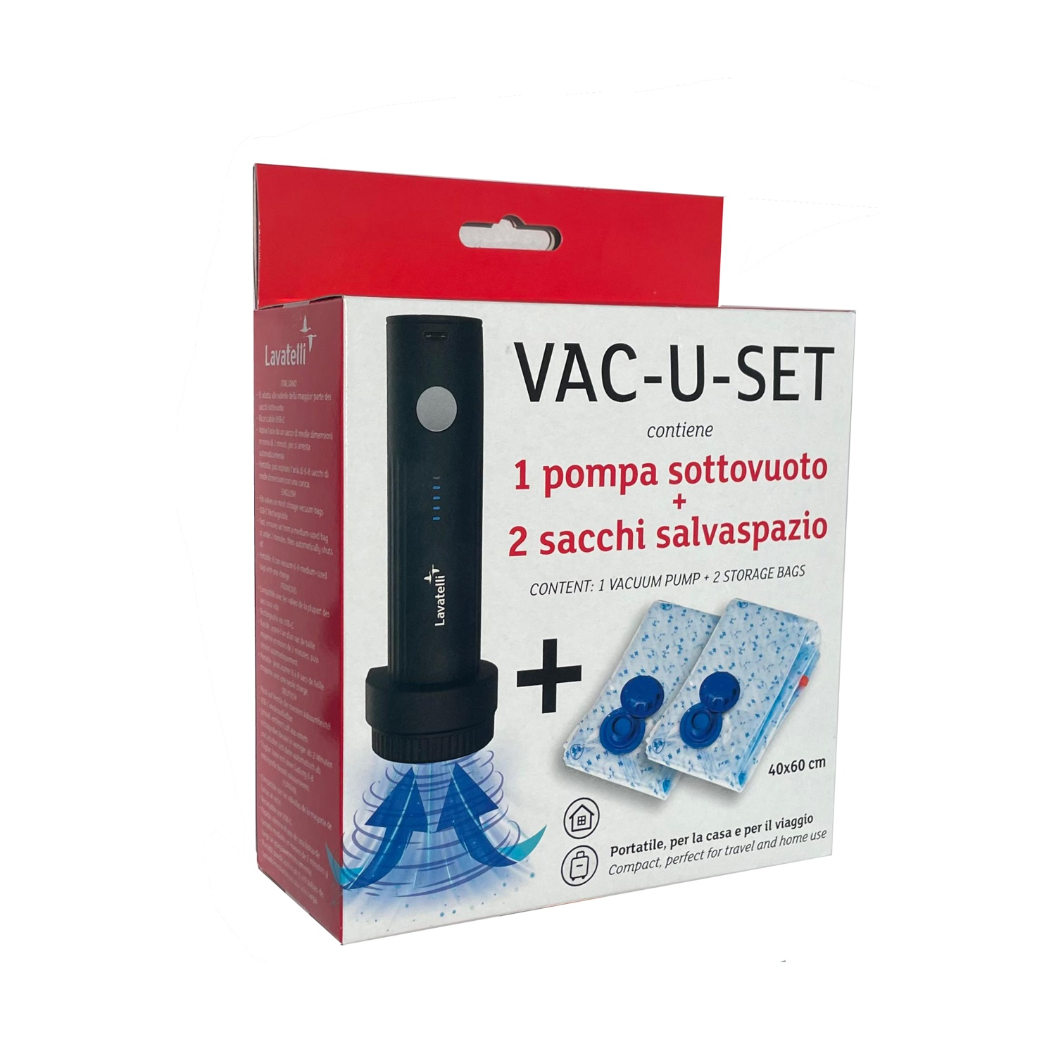 Una scatola con etichetta 'VAC-U-SET'. Mostra una pompa a vuoto e due sacchi portaoggetti. Testo in italiano e inglese. Parte superiore rossa.