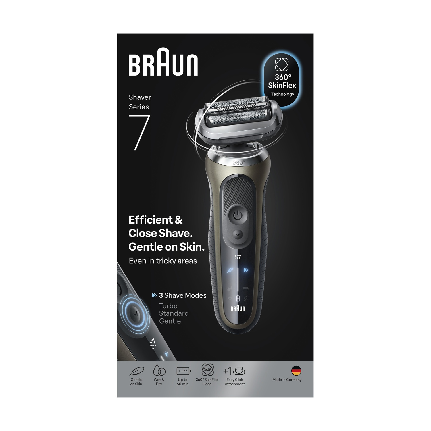 Rasoio elettrico Braun Series 7. Caratteristiche: tecnologia 360° SkinFlex, 3 modalità di rasatura, adatto per uso bagnato e asciutto.