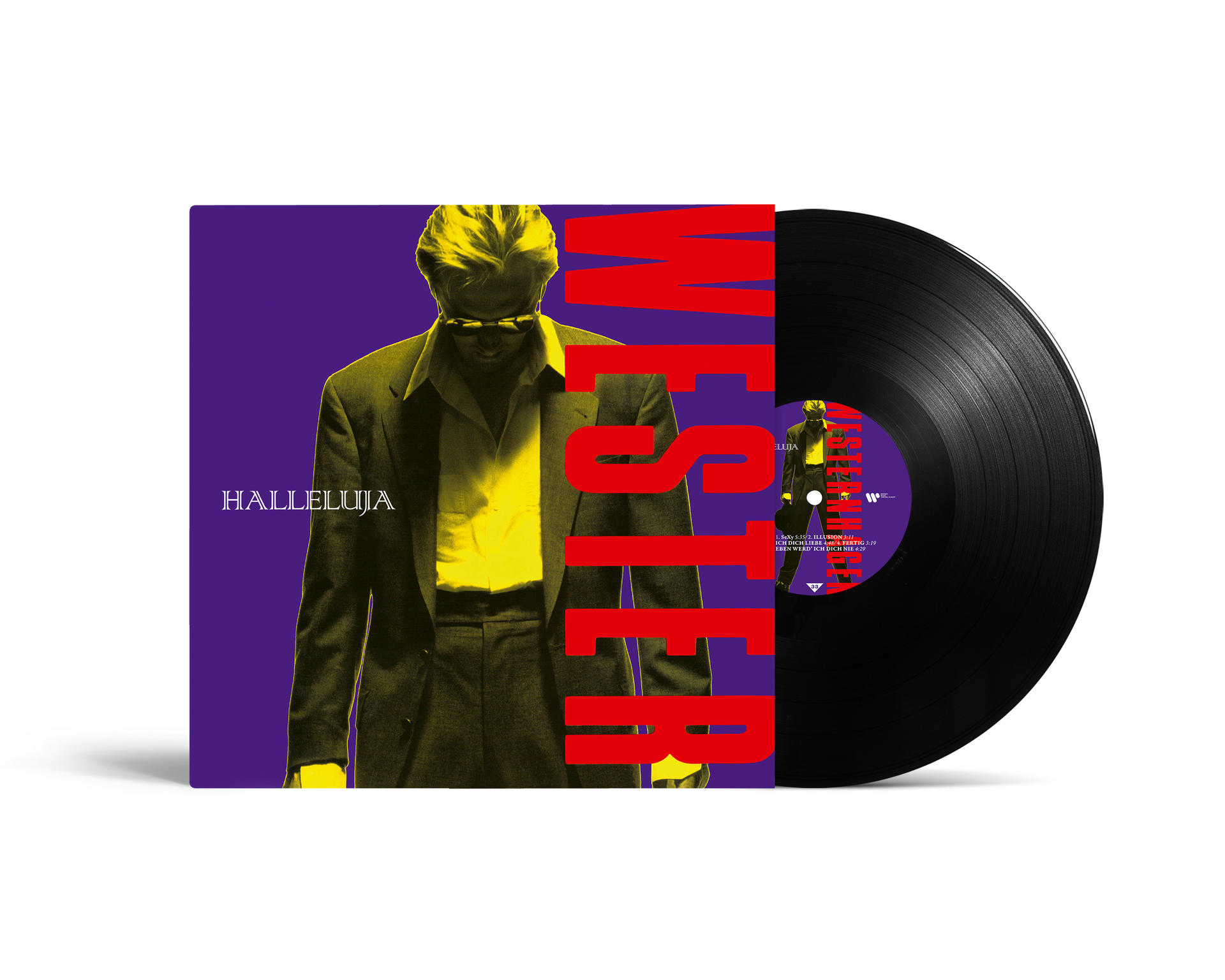 Albumcover mit Mann mit Sonnenbrille auf lila Hintergrund. Die Schallplatte ist schwarz.