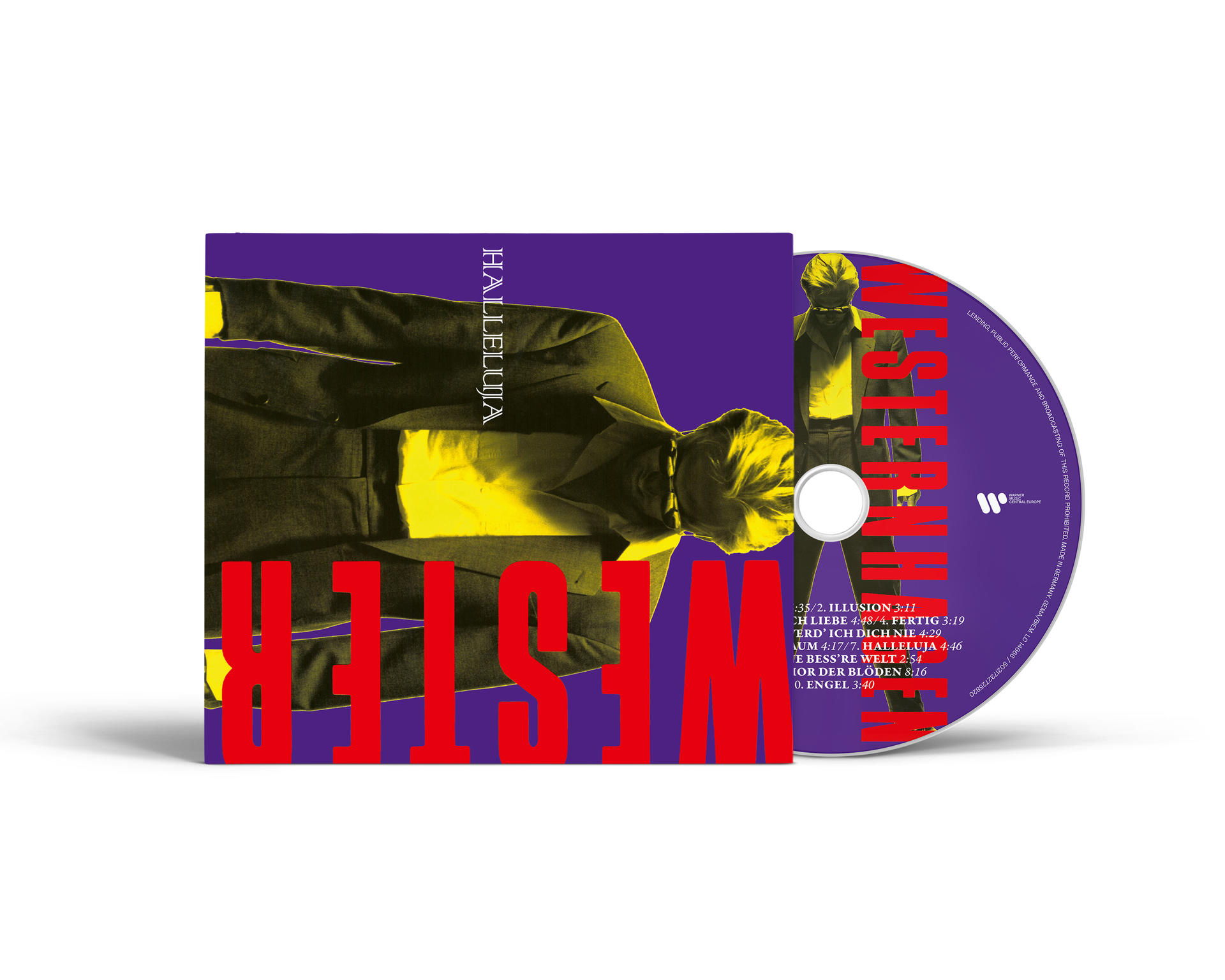 CD-Cover mit rotem 'WESTER'-Text vor lila Hintergrund und einem Personenbild. Die CD ist rechts.