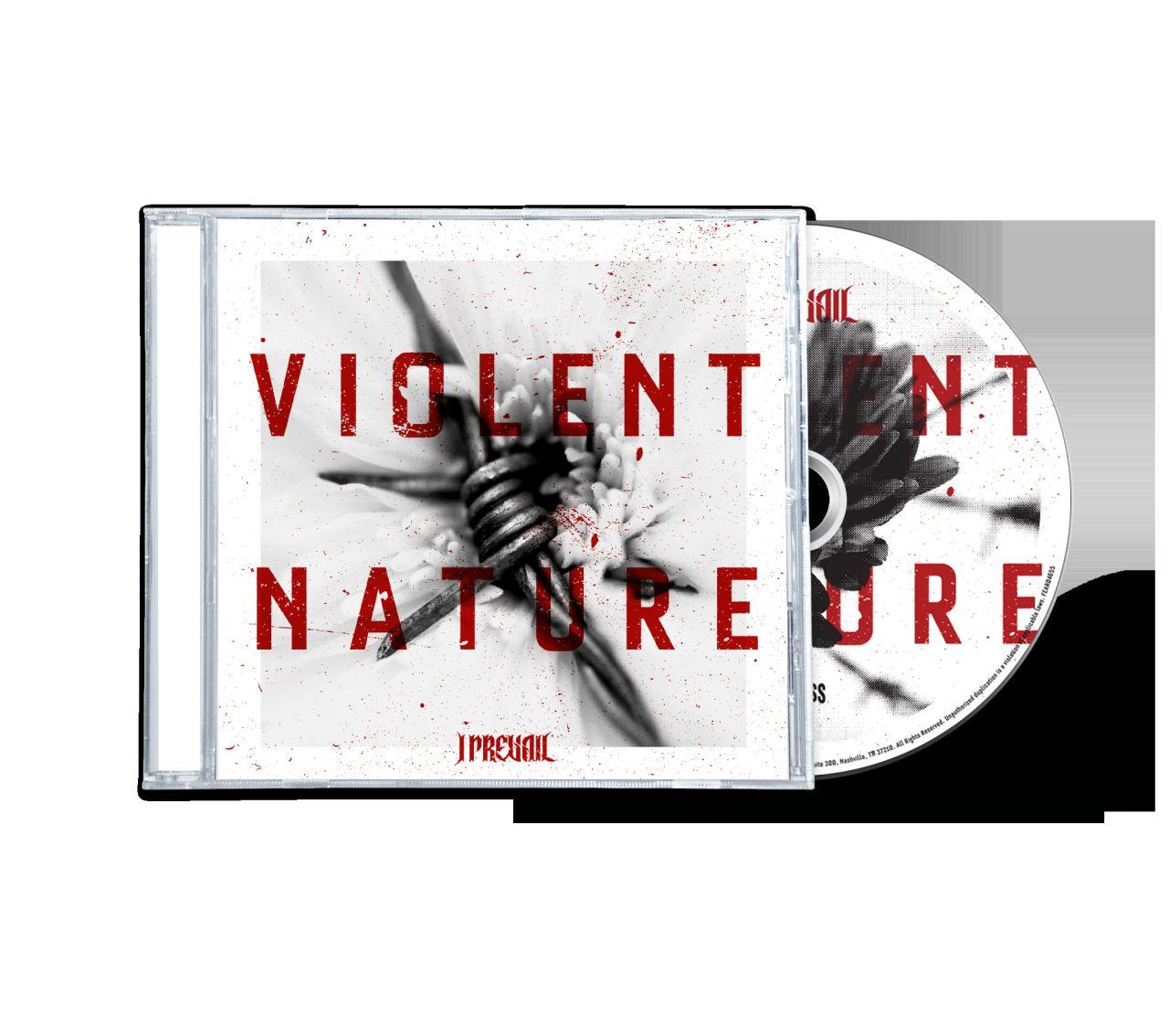 CD-Cover mit "VIOLENT NATURE" in roter Schrift. Stacheldraht und eine Blume befinden sich hinter dem Text. Der Bandname ist "I PREVAIL".