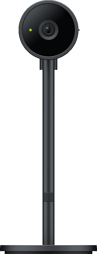Eine schwarze Webcam auf einem Ständer. Die Webcam hat eine runde Linse und ein grünes Licht. Der Ständer ist schwarz und hat eine kreisförmige Basis.