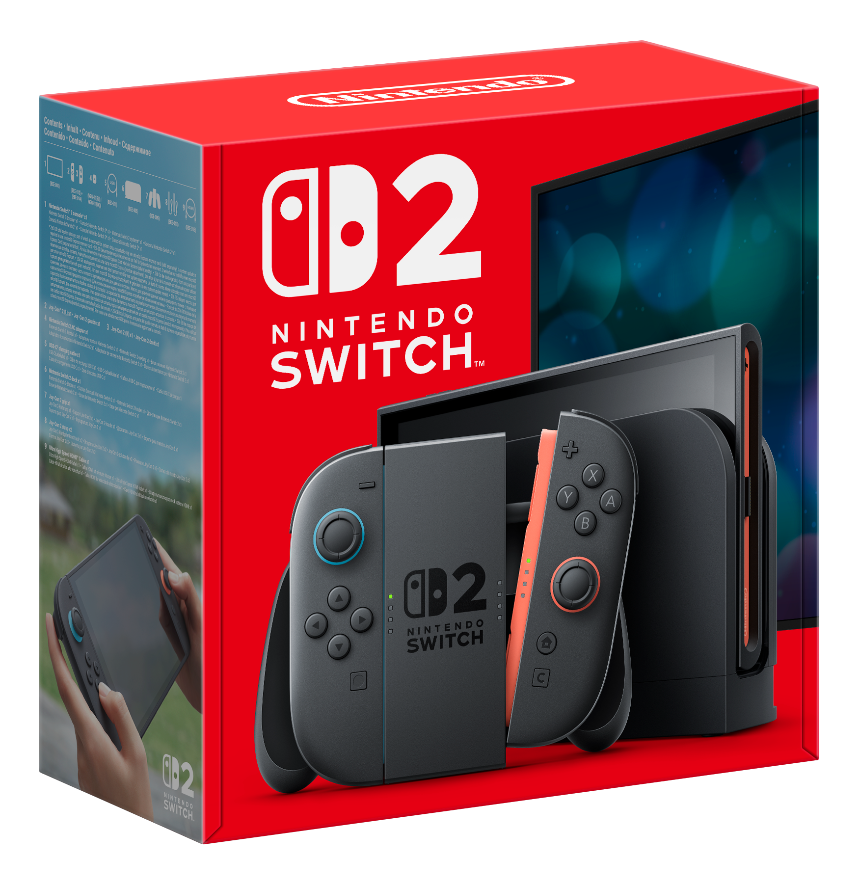 Eine Nintendo Switch-Box und -Konsole. Die Box ist rot mit weißem Text. Die Konsole hat Controller.