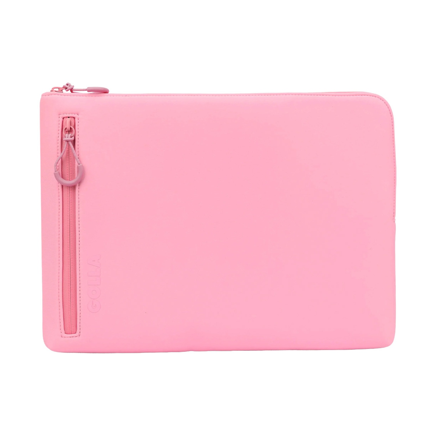 Una custodia rosa rettangolare per laptop con cerniera laterale. Il marchio "GOLLA" è visibile.