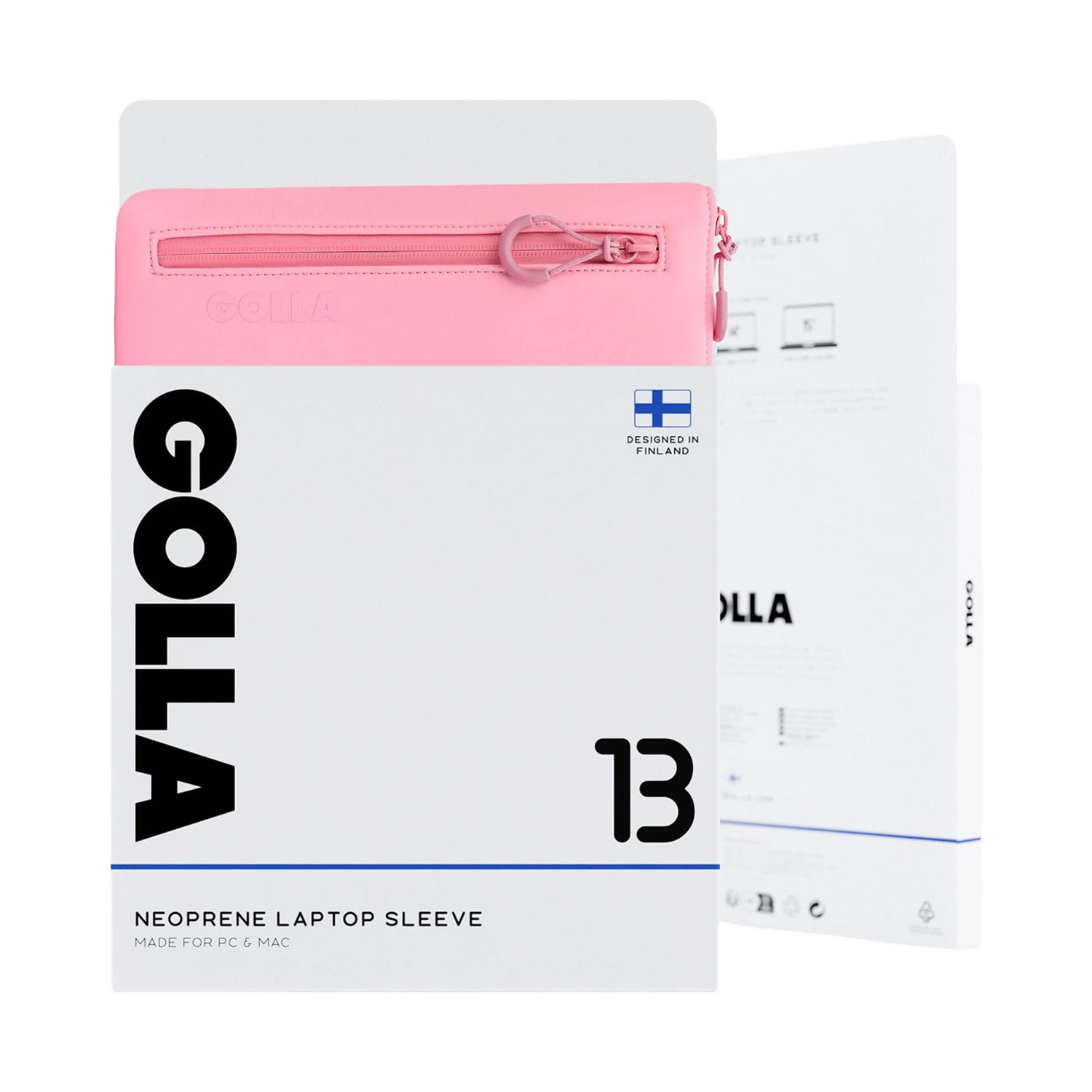 Una custodia rosa per laptop con cerniera, all'interno di una scatola bianca. La scatola dice 'GOLLA' e '13'. Progettato in Finlandia. Custodia per laptop in neoprene.