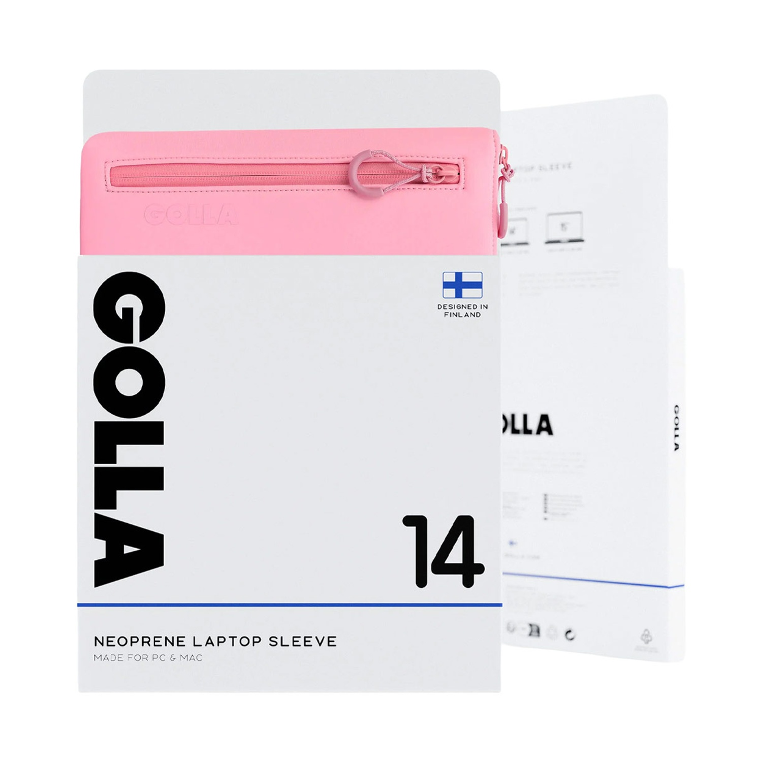 Una custodia rosa per laptop con cerniera in una scatola bianca. La scatola riporta il marchio GOLLA e il numero 14.