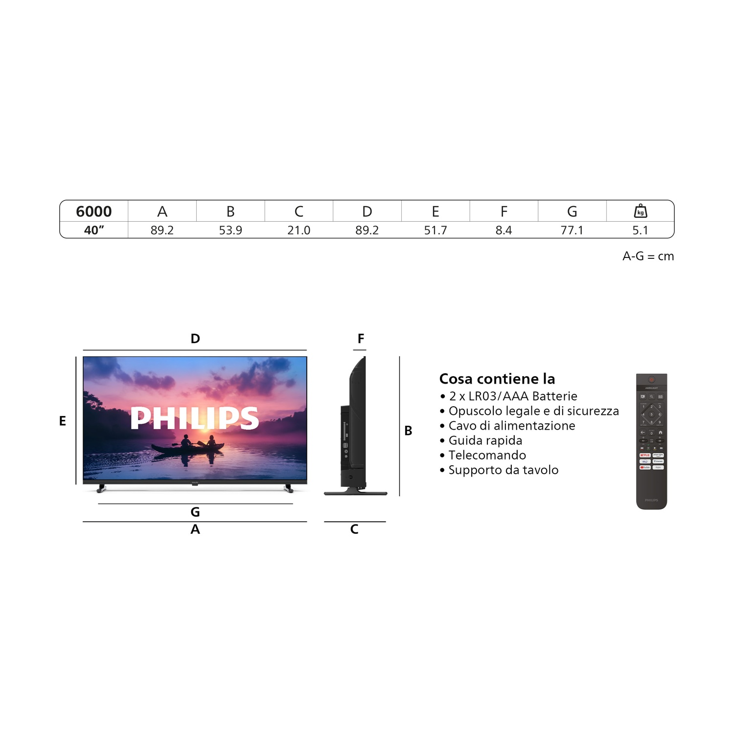 Un televisore Philips con dimensioni e accessori inclusi, tra cui un telecomando e batterie, è esposto su sfondo bianco.