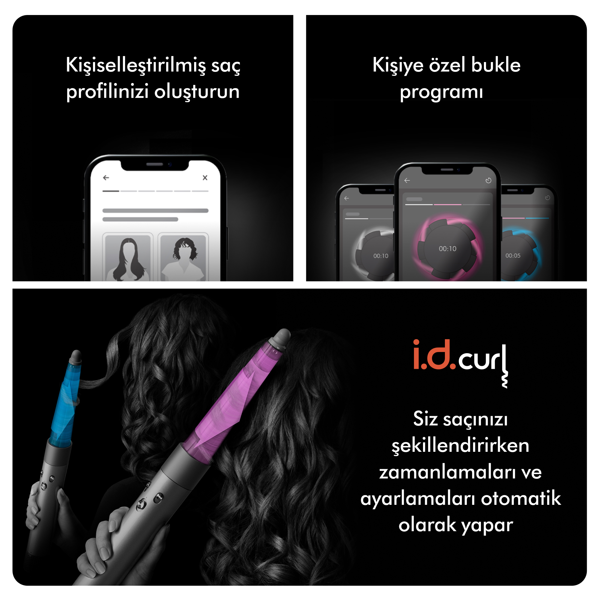 Görüntü, telefon ekranlarıyla saç şekillendirme araçlarını gösteriyor. Türkçe metin. Araçların mavi ve pembe parlayan uçları var.