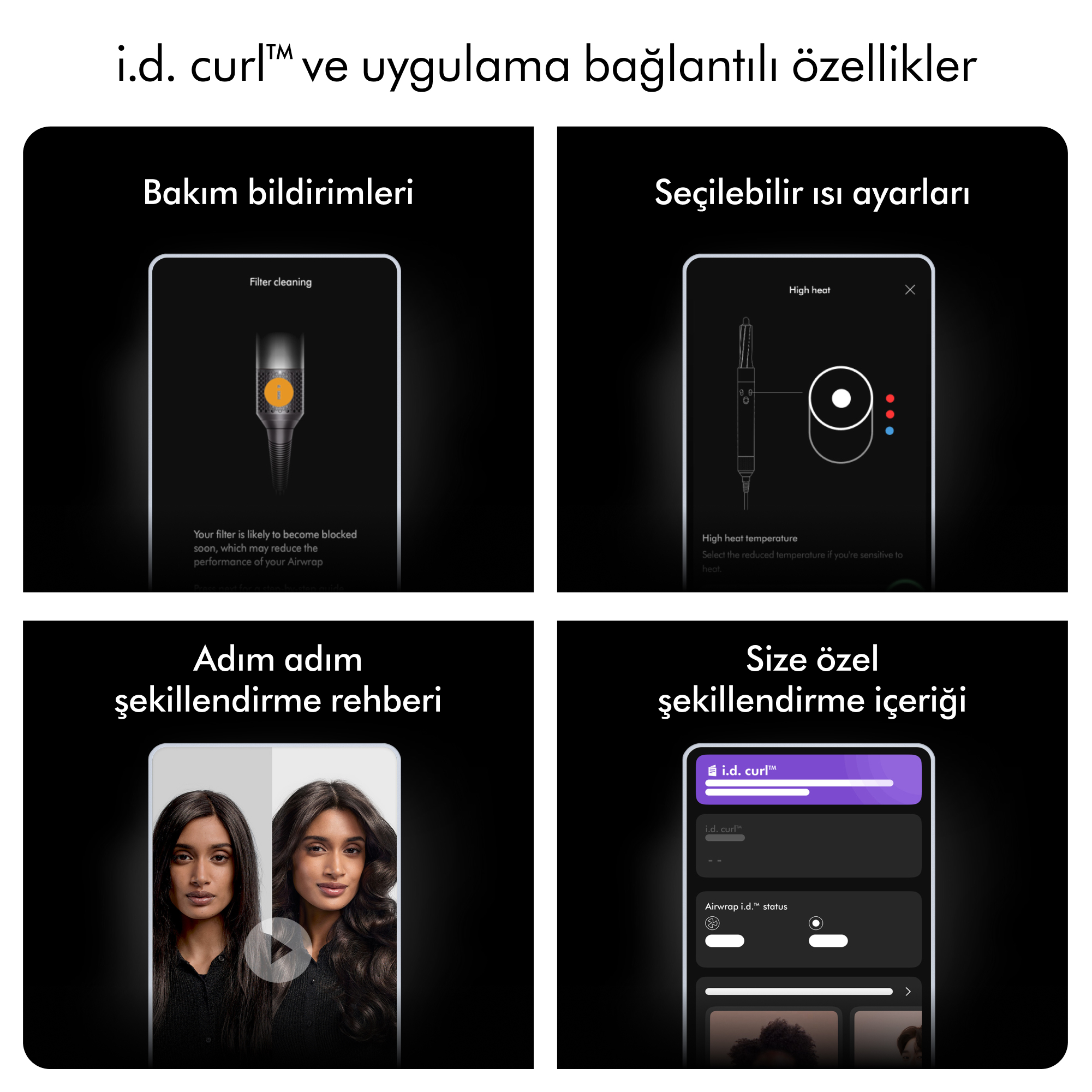 Görüntü, i.d. curl uygulama özelliklerini gösterir. Filtre temizleme, ısı ayarları, stil rehberi ve kişiselleştirilmiş içerik içerir.