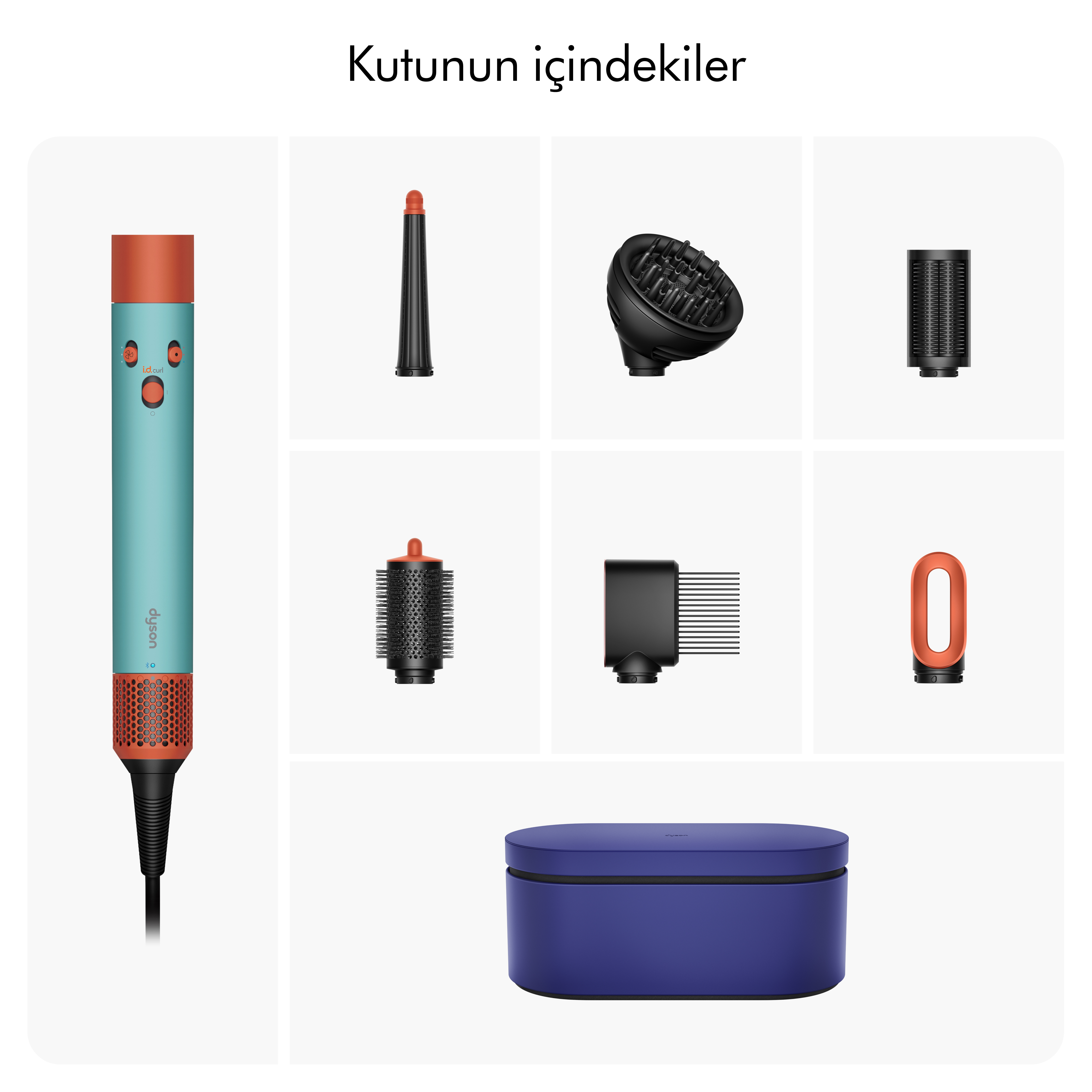 Görselde, çeşitli ataşmanları ve mavi bir çantası olan turkuaz ve turuncu bir Dyson saç şekillendirme aleti gösterilmektedir.