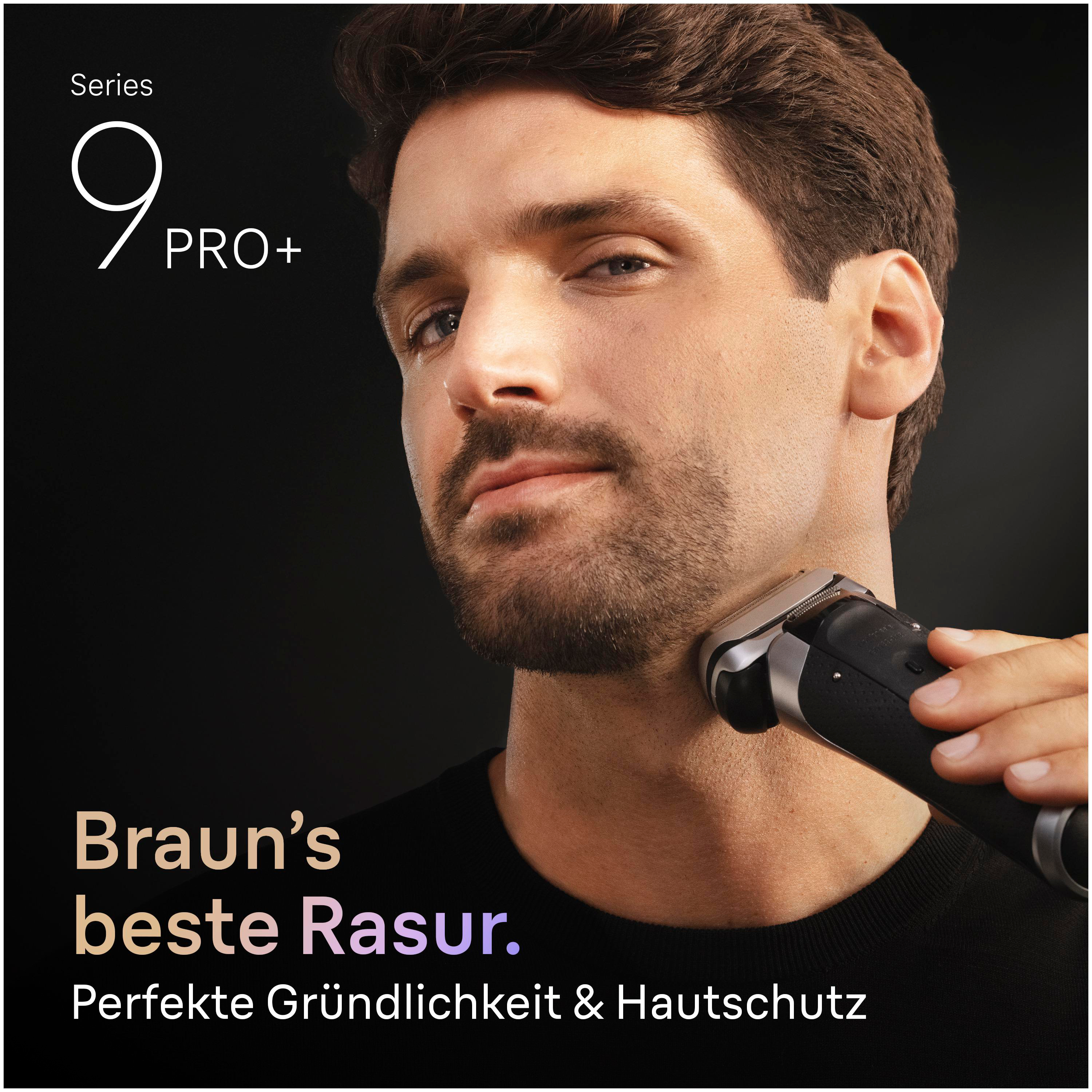 Mann rasiert seinen Bart mit einem Elektrorasierer. Das Bild ist eine Braun-Werbung.