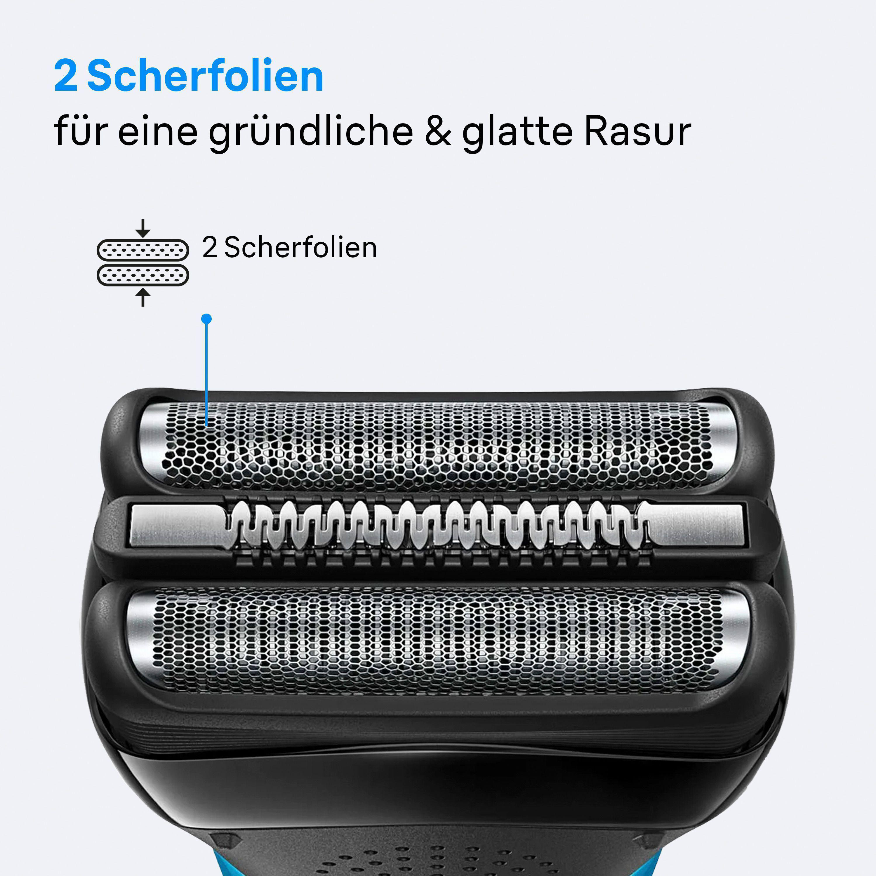 Nahaufnahme eines Rasiererkopfes mit zwei Folienklingen. Der Text auf Deutsch lautet: "2 Scherfolien für eine gründliche und glatte Rasur."