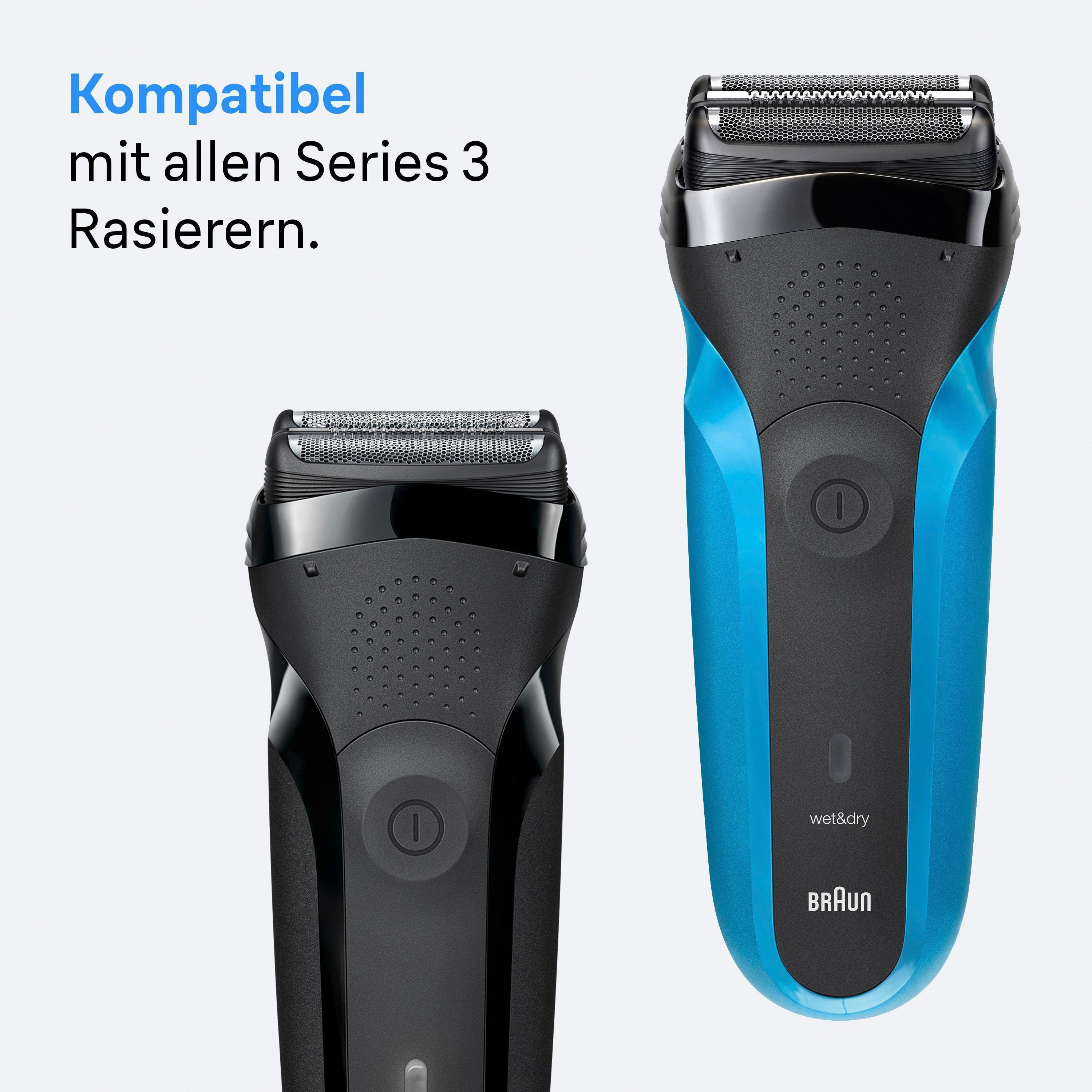 Zwei elektrische Rasierer auf Weiß. Einer schwarz, einer blau. Text: 'Kompatibel mit allen Series 3 Rasierern.'
