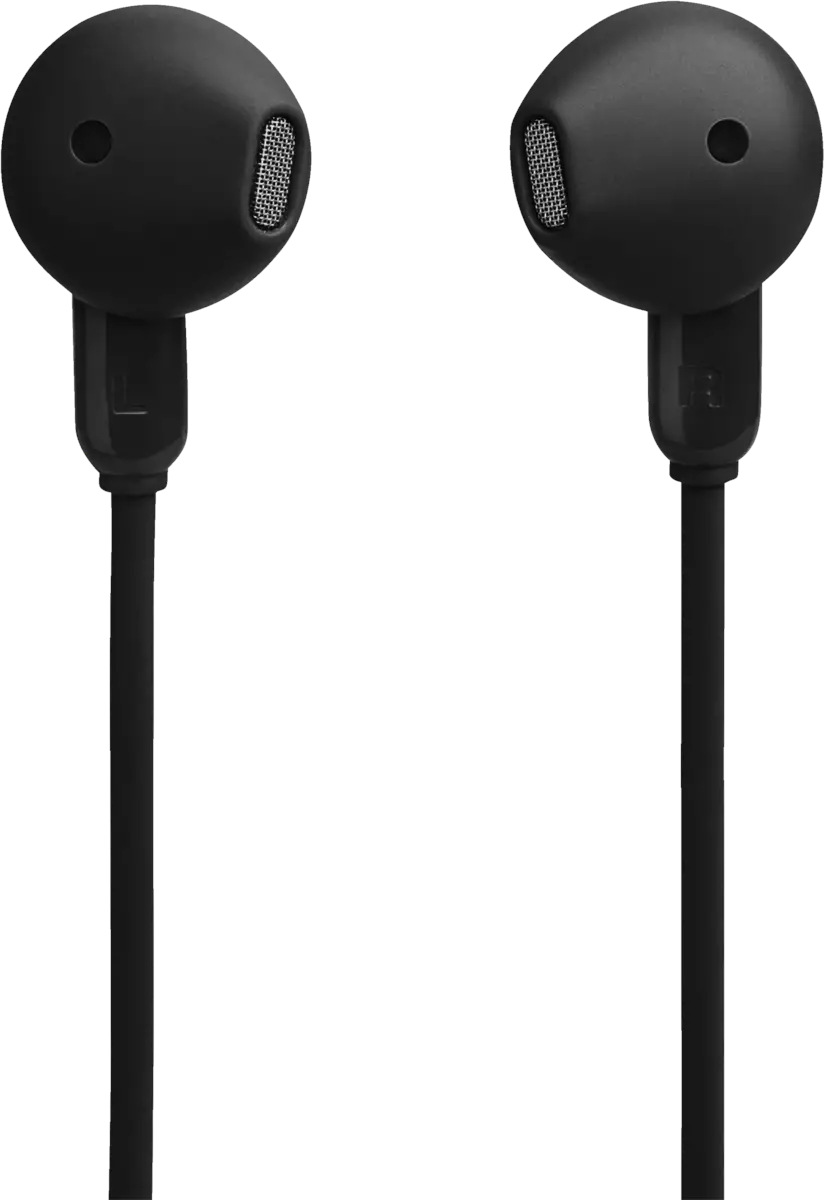 Dwa czarne słuchawki z długimi czarnymi przewodami. Każda słuchawka ma siatkę i mały otwór. Białe tło.