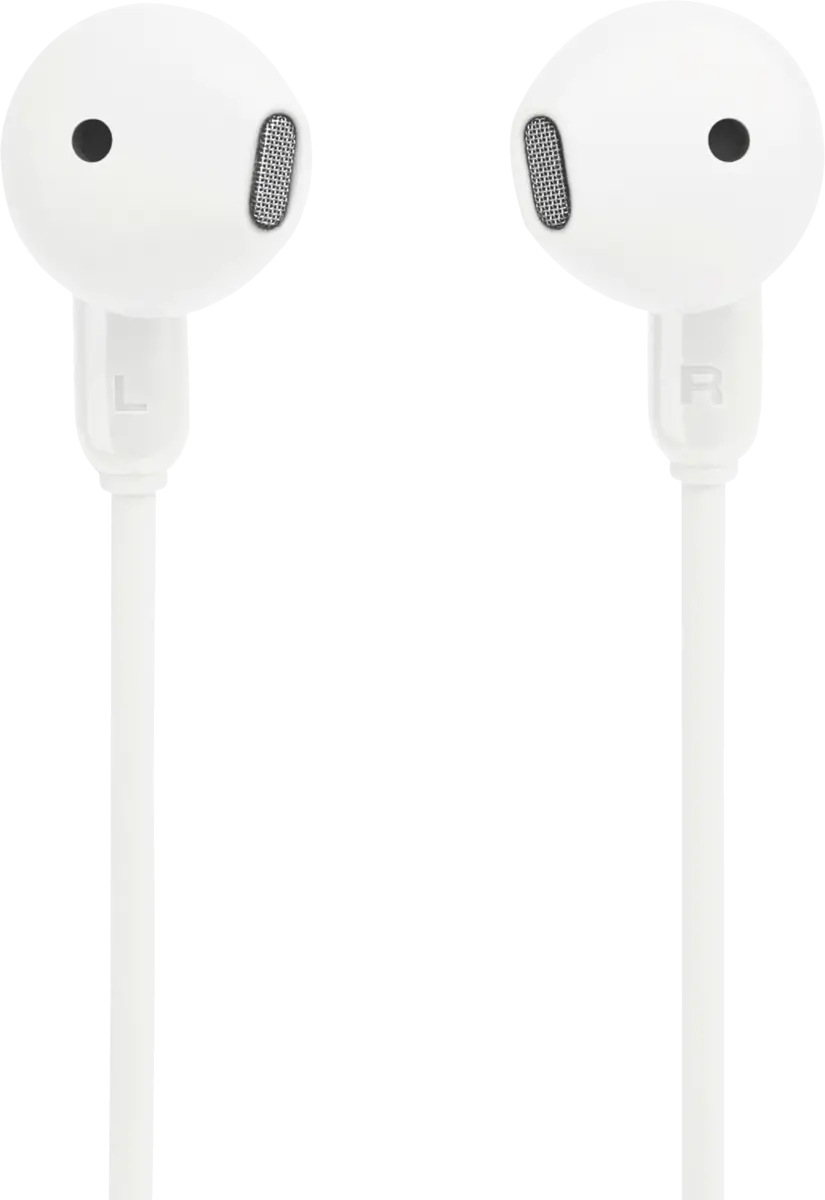 Dwa białe słuchawki z czarnymi maskownicami i pasującymi sznurami. Jeden oznaczony 'L', drugi 'R'. Tło jest gładkie białe.