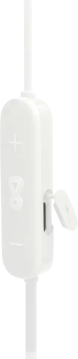 Biały pilot inline do słuchawek, ze znakami + i -, przyciskiem odtwarzania/pauzy i małą klapką.