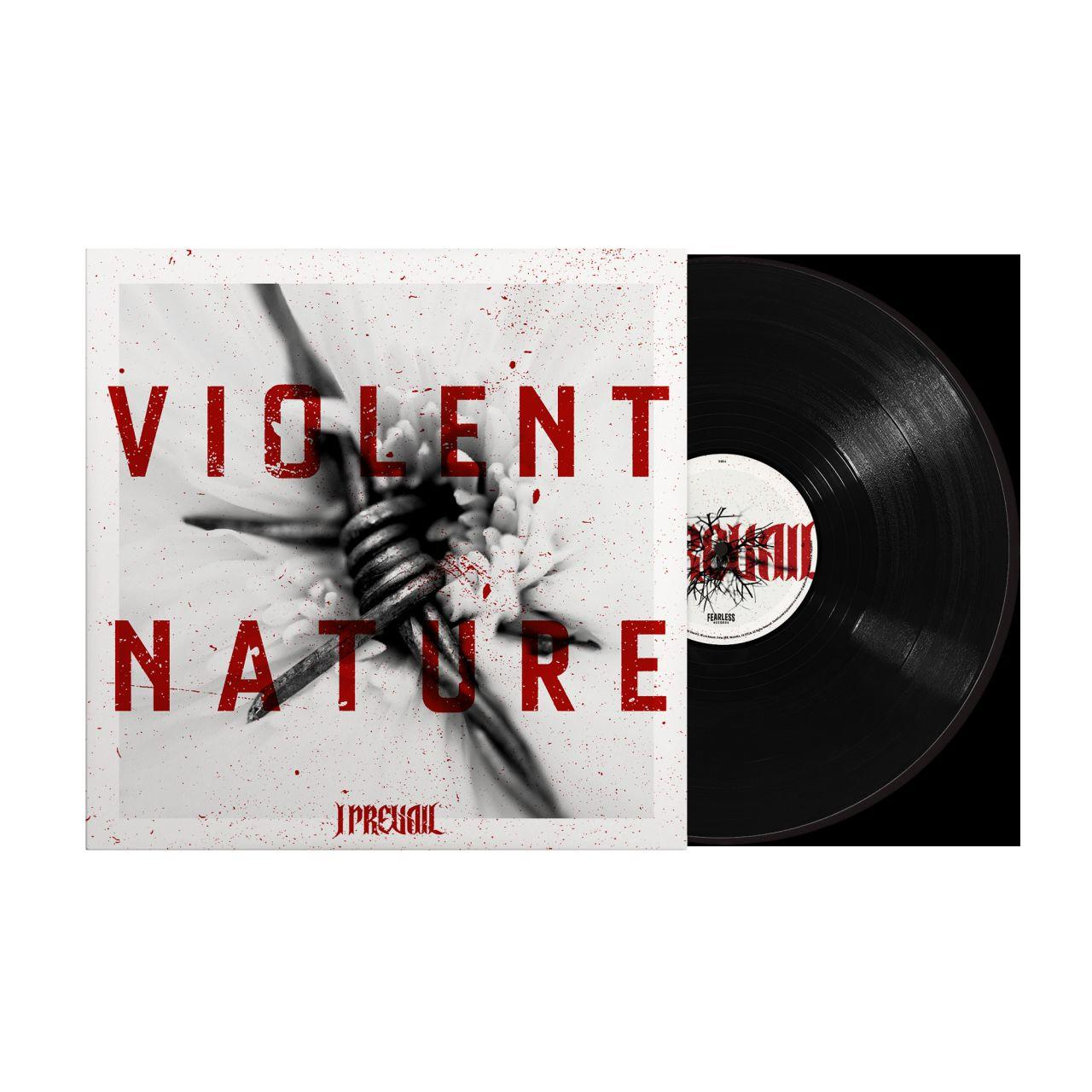 Album borítója a 'Violent Nature' címmel, szögesdróttal és egy bakelit lemezzel. Vérfröccsenések és a zenekar neve is látható.