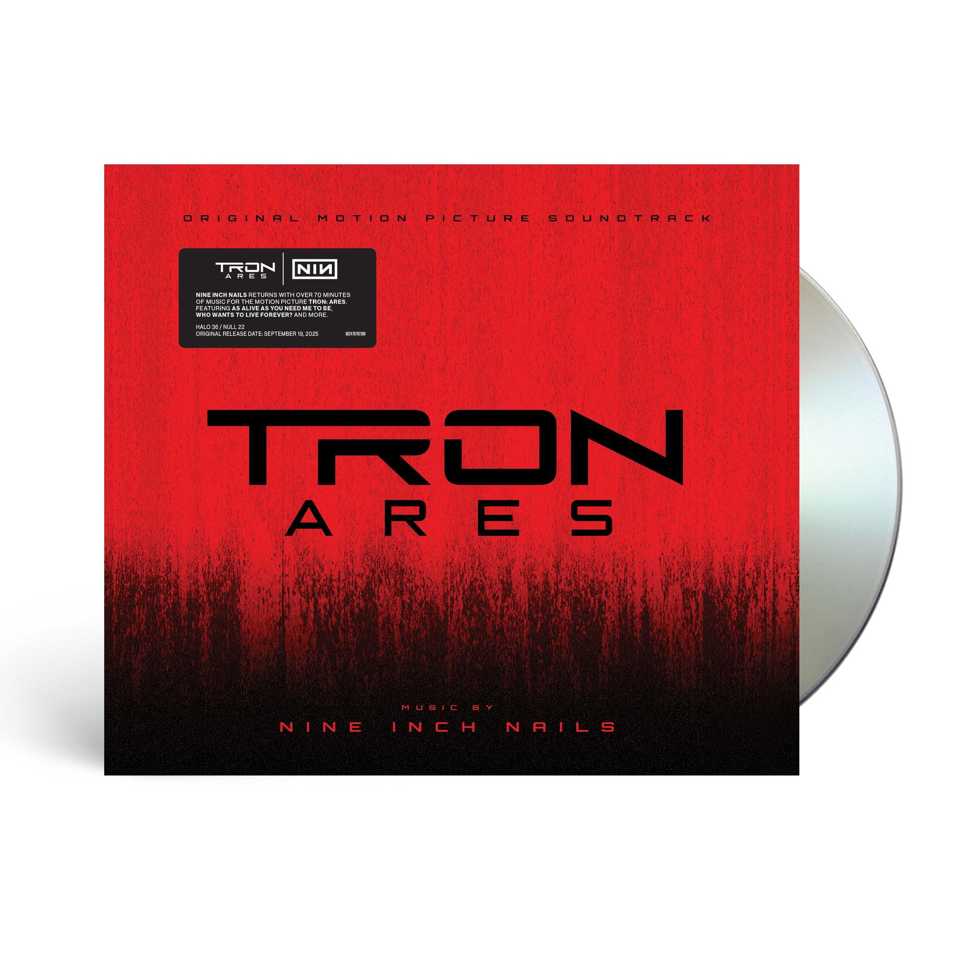 Das Cover des Soundtracks zu TRON: ARES von Nine Inch Nails auf rotem Grund.