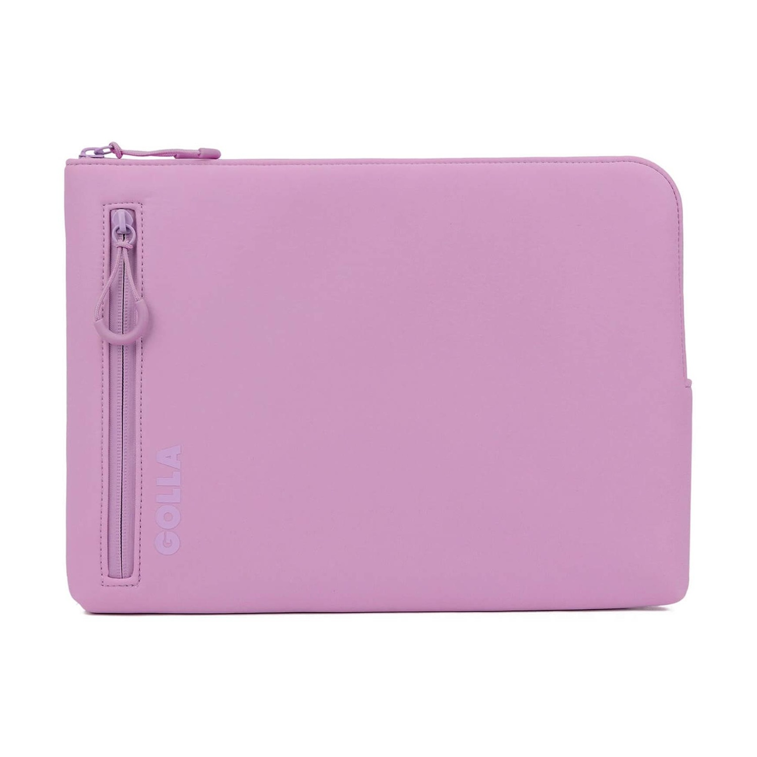 Una custodia per laptop lilla chiaro con cerniera. Il marchio "GOLLA" è visibile. La custodia è rettangolare con angoli arrotondati.