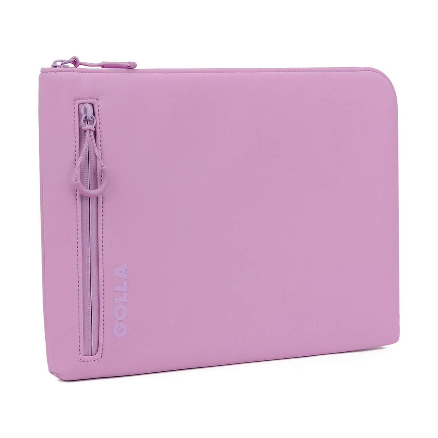 Una custodia per laptop lilla chiaro con cerniera e la scritta GOLLA. Il tirazip ha la forma di un cerchio.