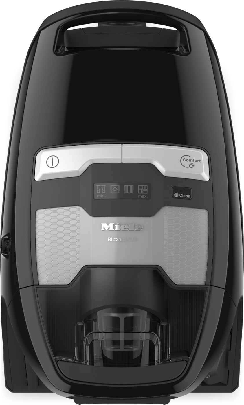 Ein schwarzer Miele Blizzard CX1 Staubsauger. Er hat Bedienelemente, einen Staubbehälter und das Miele-Logo.