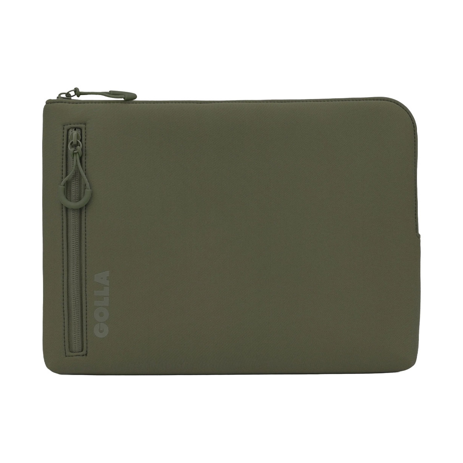 Una custodia per laptop verde oliva con cerniera. La cerniera è sul lato sinistro e il marchio GOLLA è visibile.