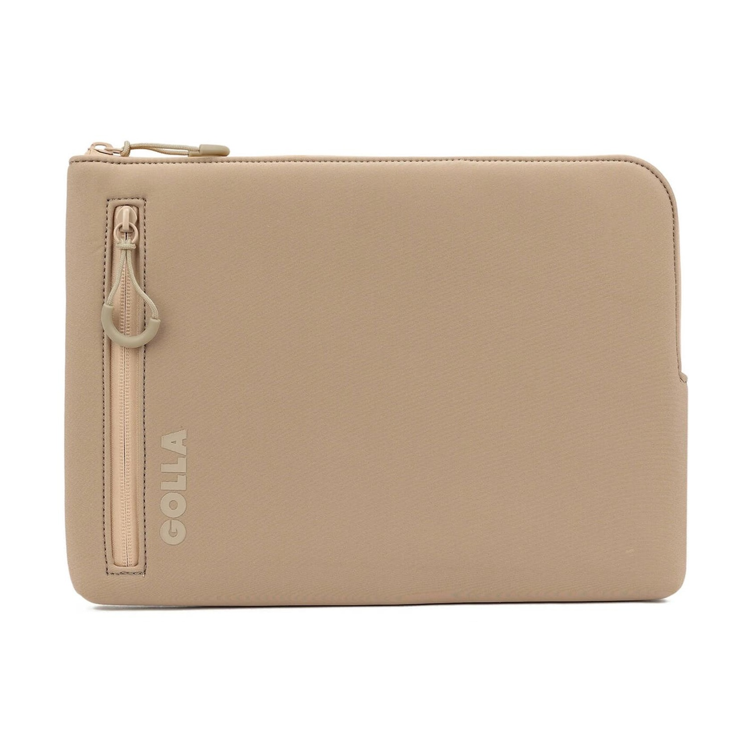 Una custodia beige per laptop con cerniera laterale e il marchio 'GOLLA' sul davanti. La cerniera ha un passante.