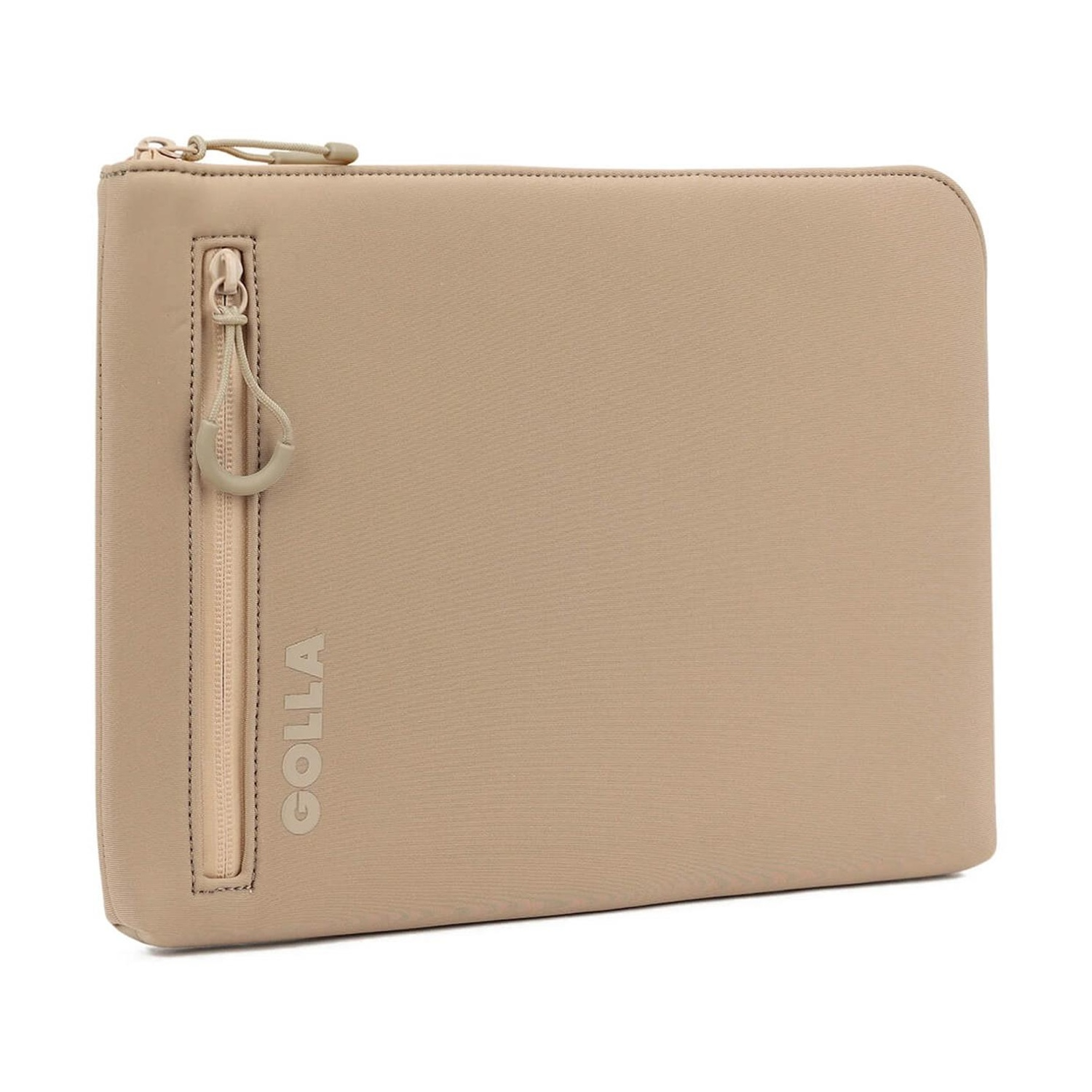 Una custodia per laptop GOLLA beige su una superficie bianca. Ha una cerniera e una piccola maniglia. Il logo è impresso sul lato.