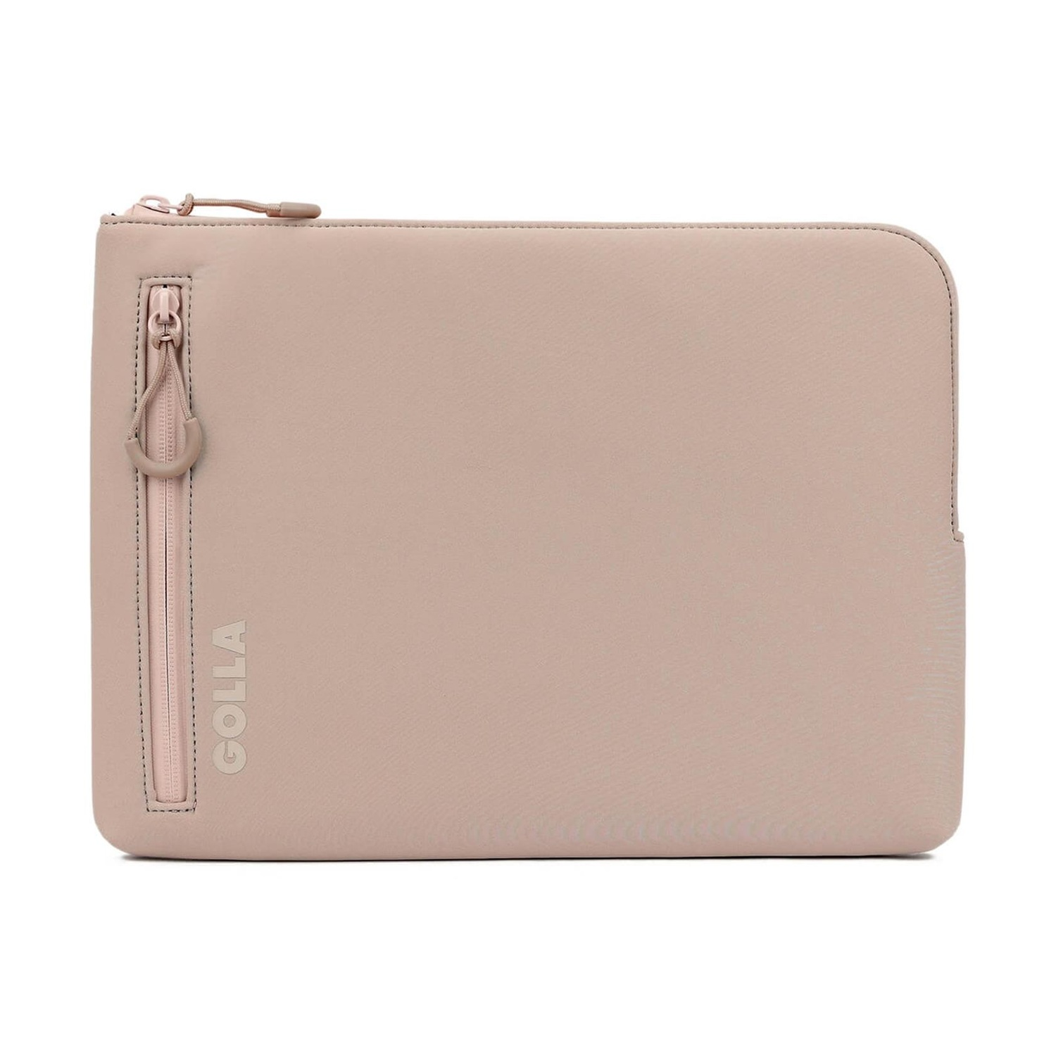 Una custodia per laptop GOLLA rosa chiaro. Ha una cerniera sul lato sinistro e una piccola linguetta. Lo sfondo è bianco.