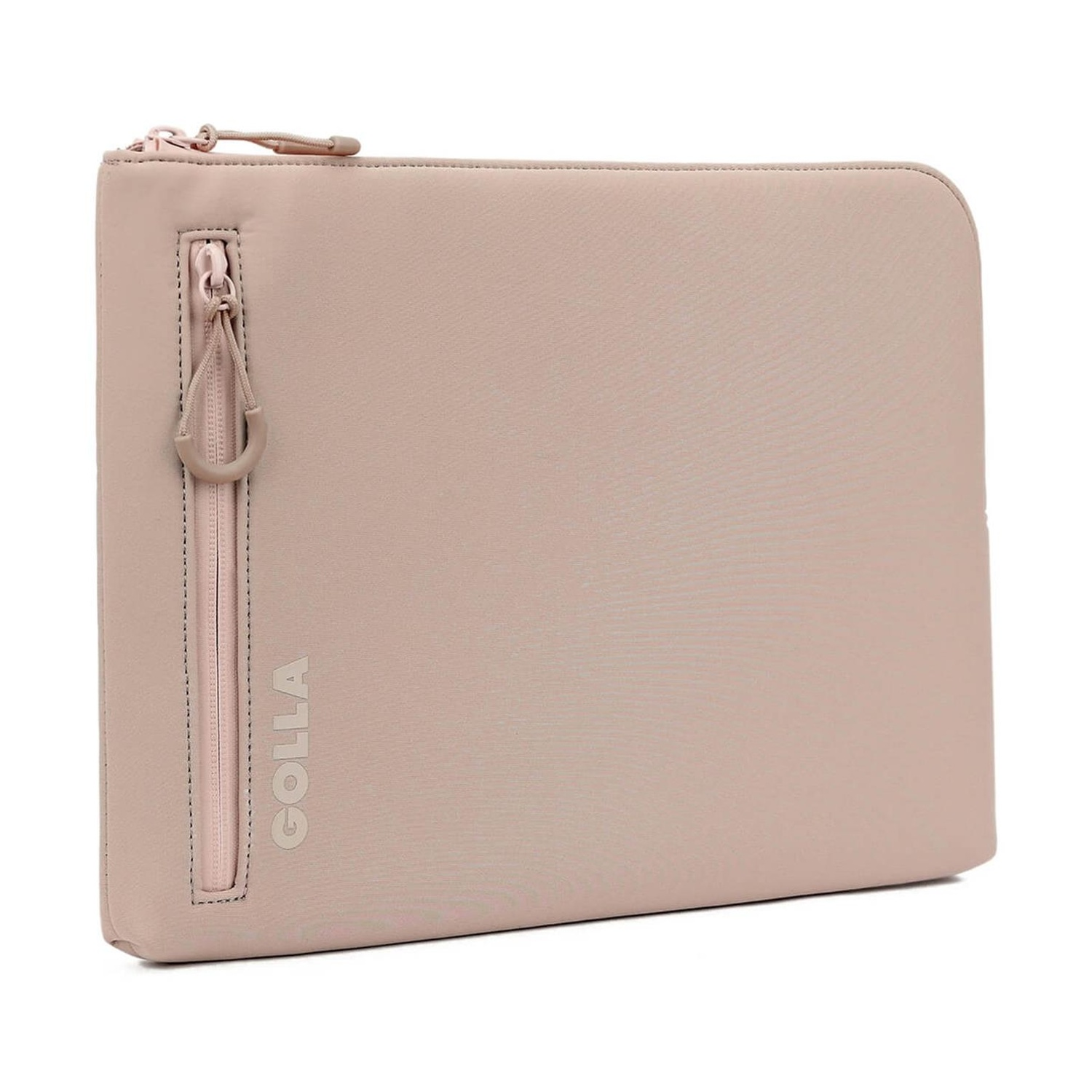 Una custodia rosa per laptop con tasca con cerniera laterale. Il marchio GOLLA è visibile. Lo sfondo è bianco.