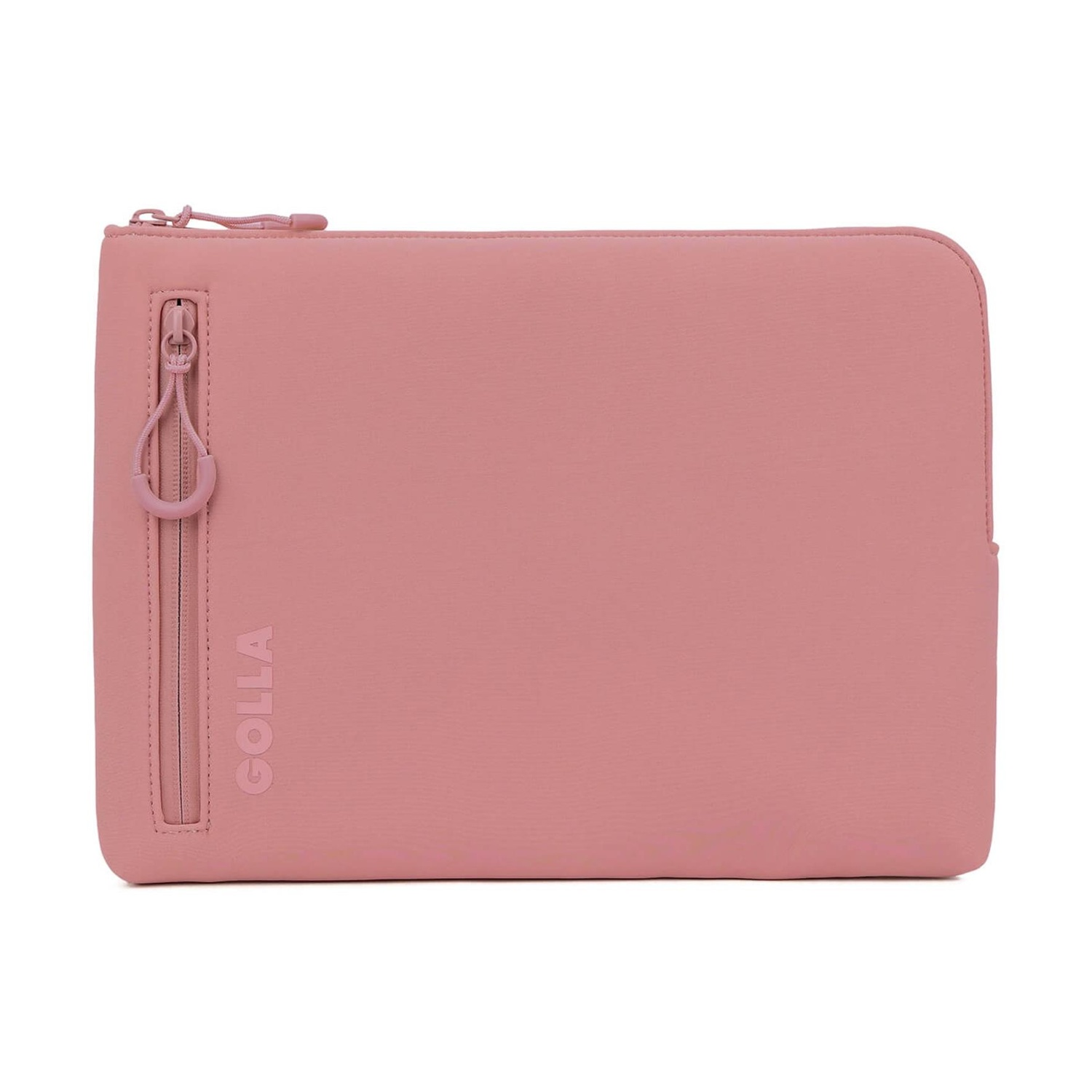 Una custodia rosa per laptop di GOLLA, con cerniera e tirante. La custodia è rettangolare con angoli arrotondati su sfondo bianco.