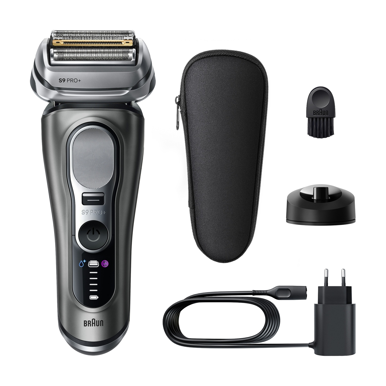 Un rasoio elettrico Braun S9 Pro+ con accessori: custodia da viaggio, spazzola pulizia, base di ricarica e adattatore.