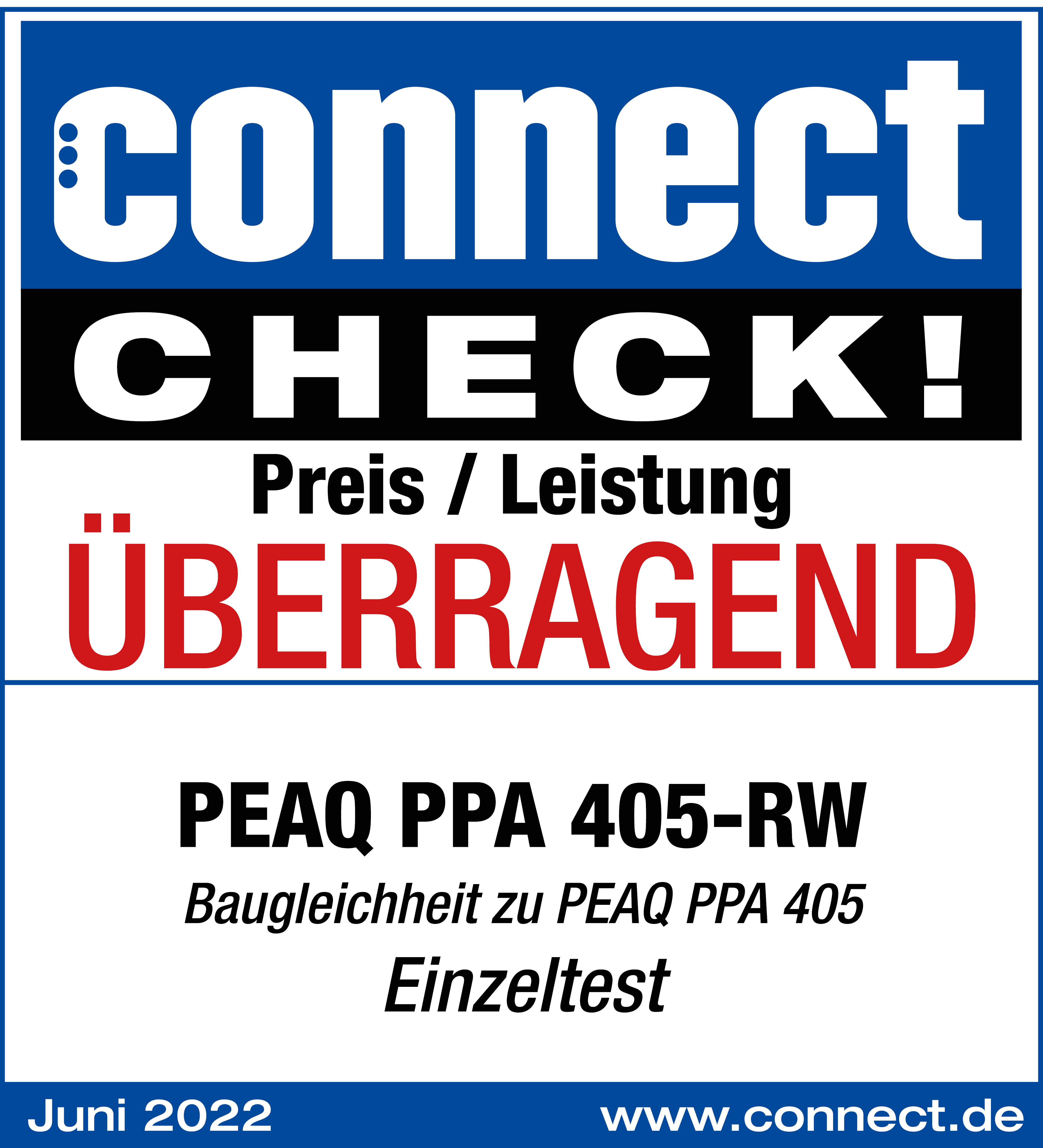 Ein Poster mit dem Text "connect CHECK!". Es hat auch "Preis / Leistung ÜBERRAGEND" und "PEAQ PPA 405-RW".