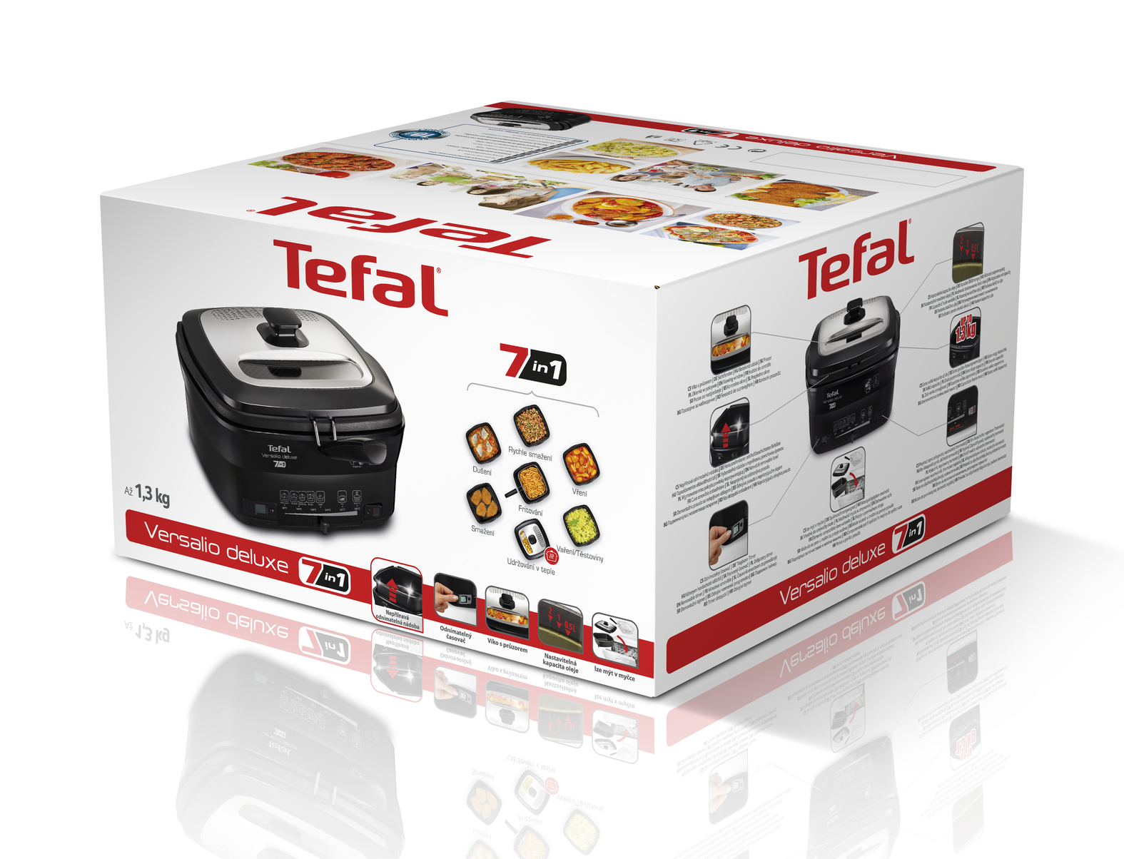 Tefal Versalio Deluxe 7 az 1-ben fritőz doboz, fekete-fehér. A fritőzt és a főzési lehetőségeket mutatja. Fehér felületen tükröződések.