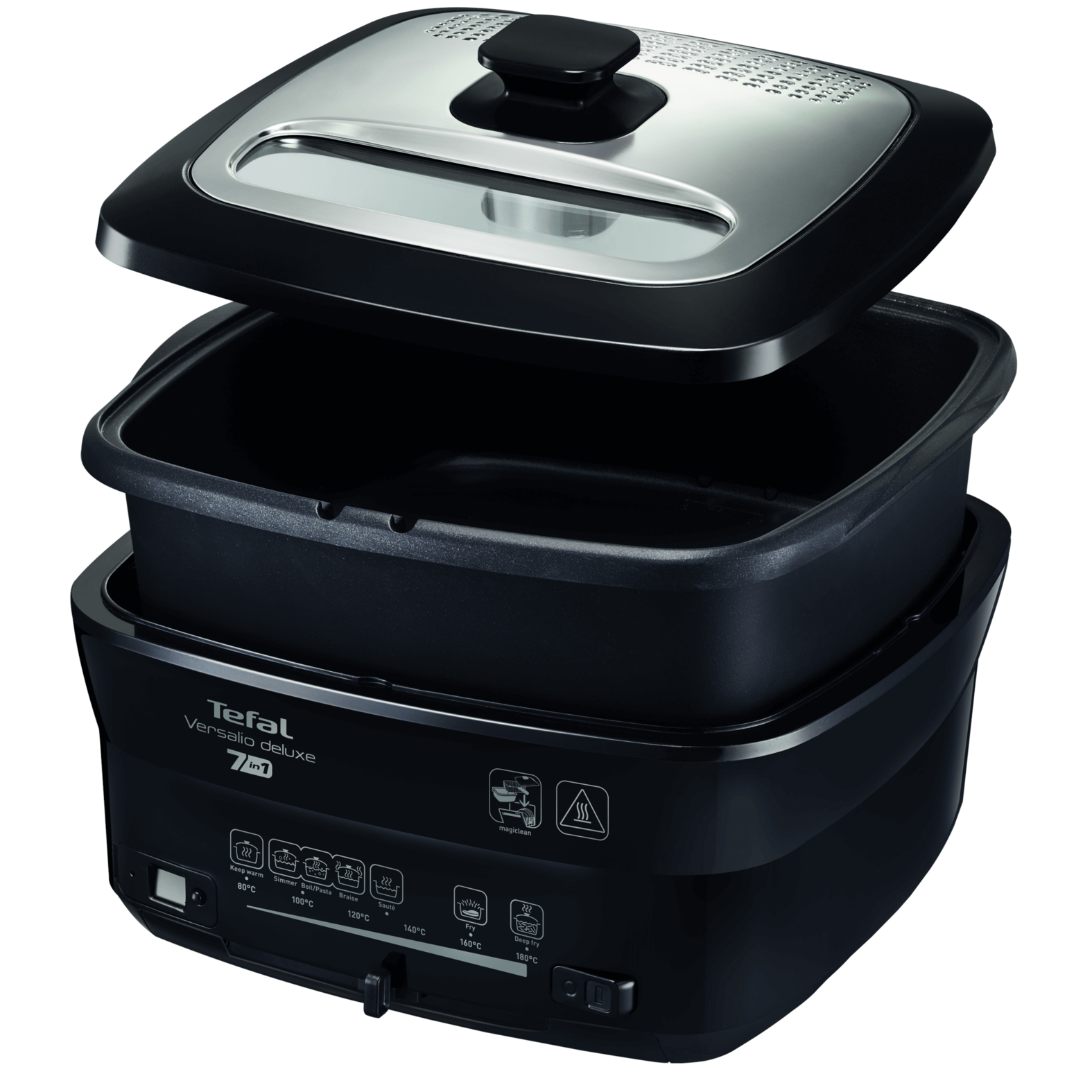 Fekete Tefal Versalio deluxe 7 az 1-ben többcélú főzőgép nyitott fedővel. Ezüst fedéllel és különböző hőmérséklet-beállításokkal rendelkezik.