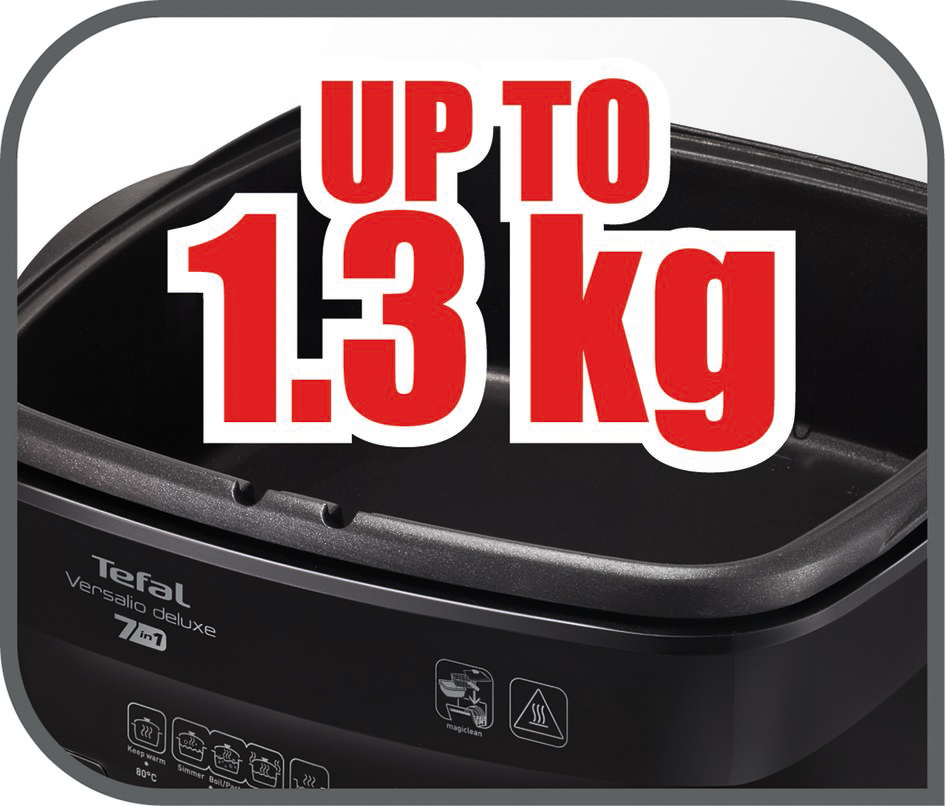 Egy fekete Tefal Versalio deluxe készülék, melyen a „UP TO 1,3 kg” felirat látható. Főzési funkciók és tisztítás ikonjai.
