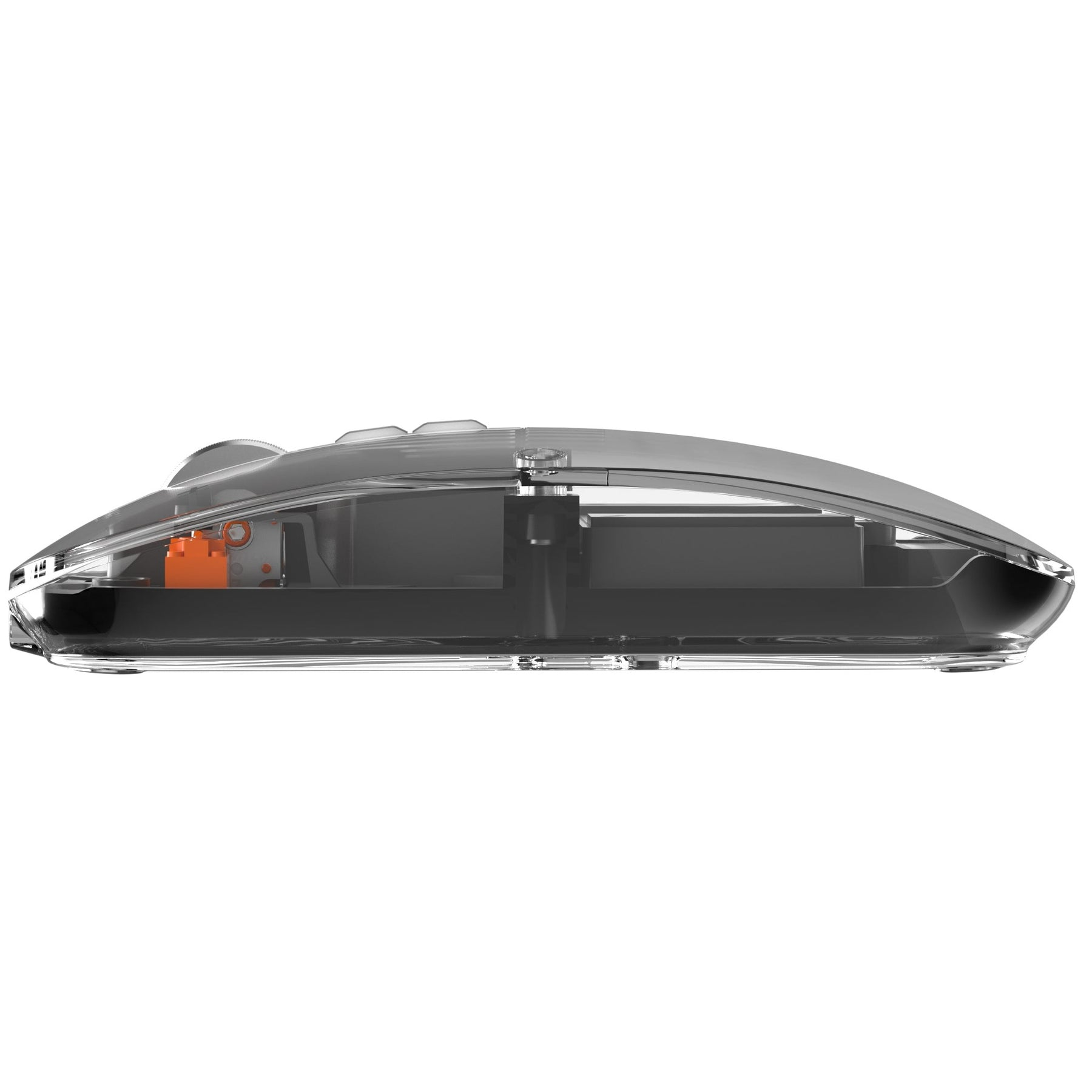 Eine transparente Computermaus. Im Inneren befinden sich orangefarbene und schwarze Komponenten. Die Maus befindet sich auf weißem Hintergrund.