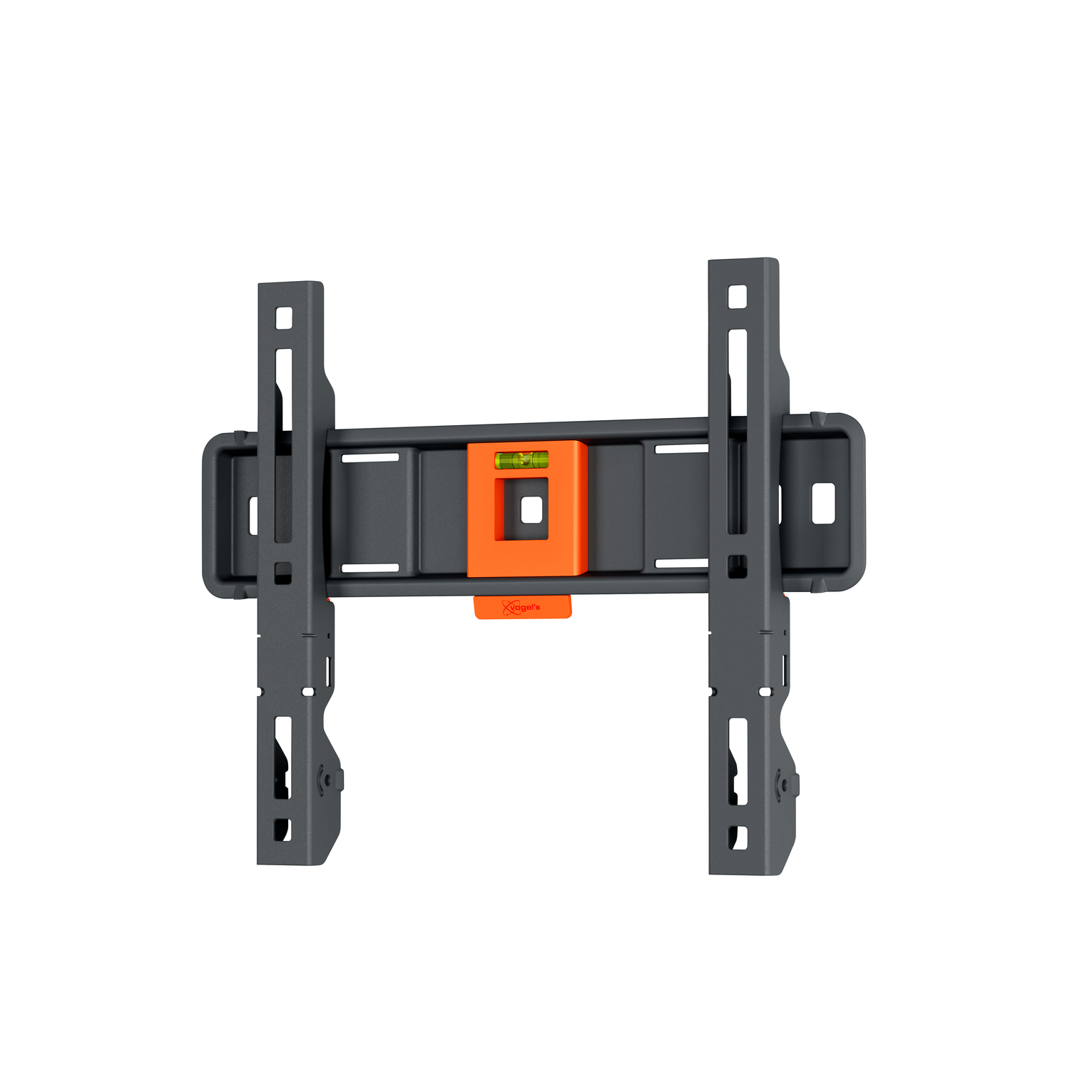 A black and orange TV mount. The mount has two vertical supports and a horizontal bar with a level in the center.